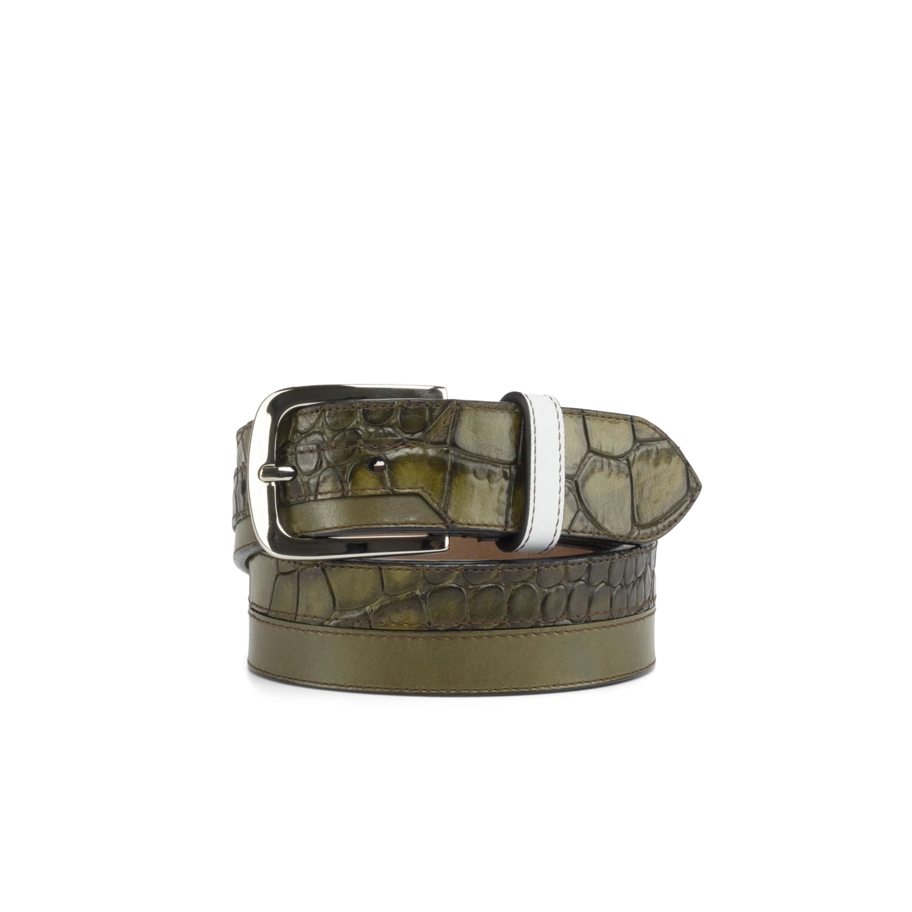 Howard Marseille Belt in green crocodile-patterned leather