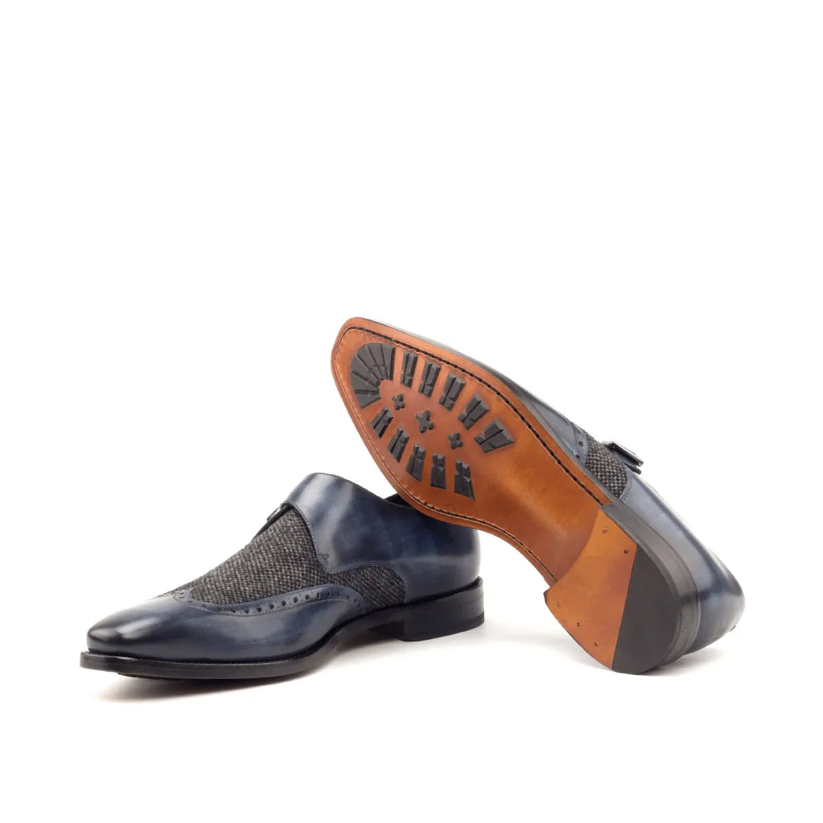 Hudson single monk patina shoes in blue leather and tweed