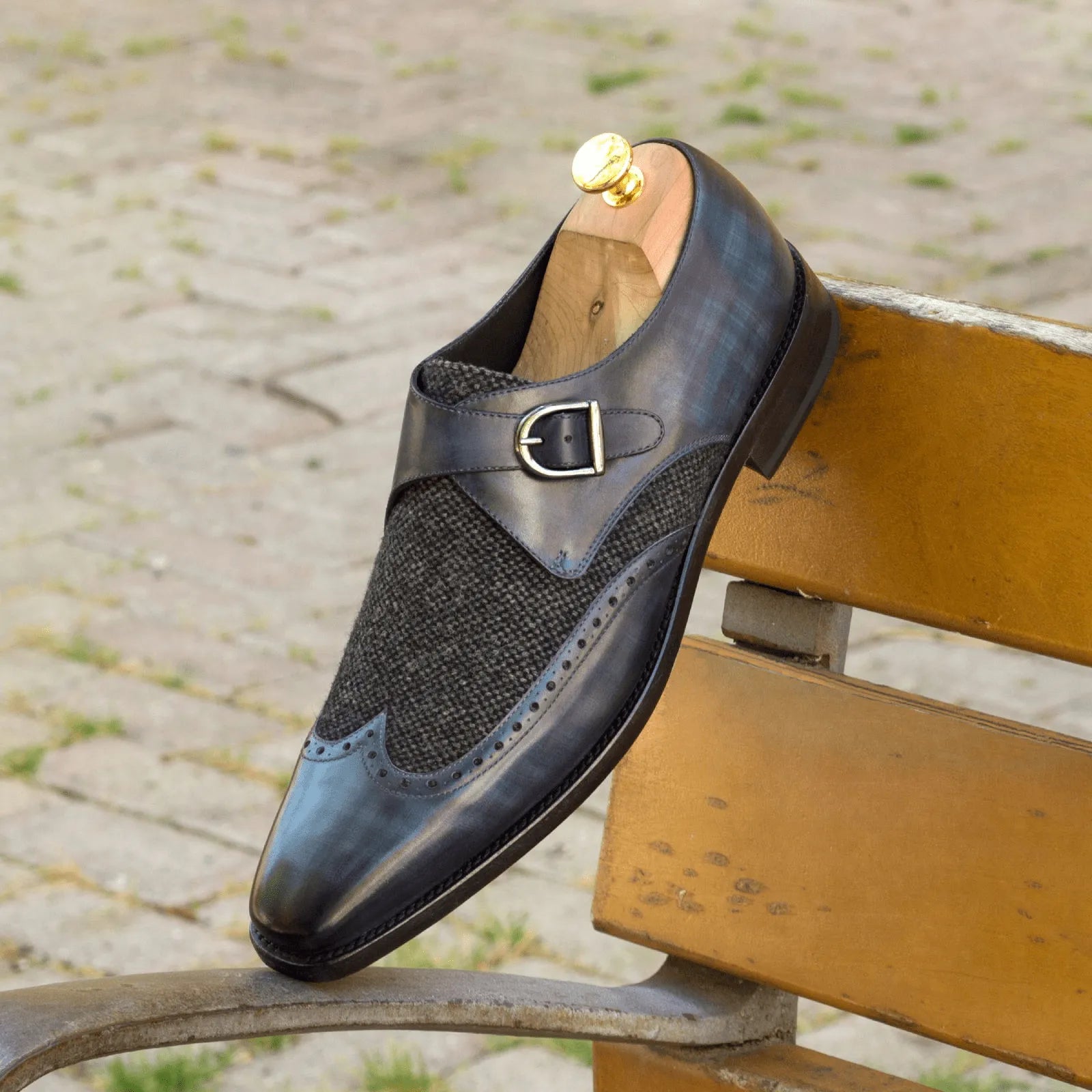 Hudson single monk patina shoe in leather and tweed monk strap