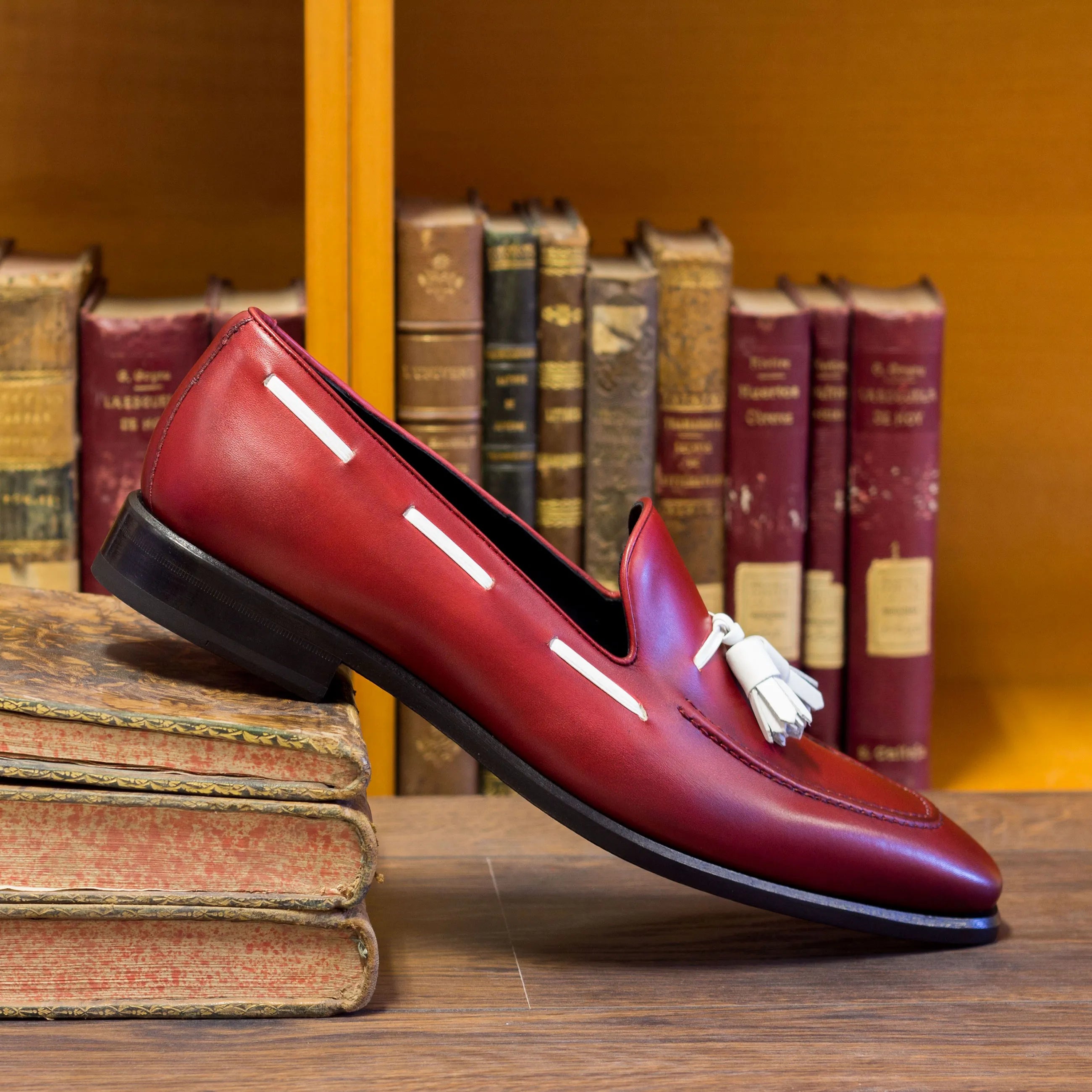 Red Icarus loafers in luxury hand-painted patina leather for men