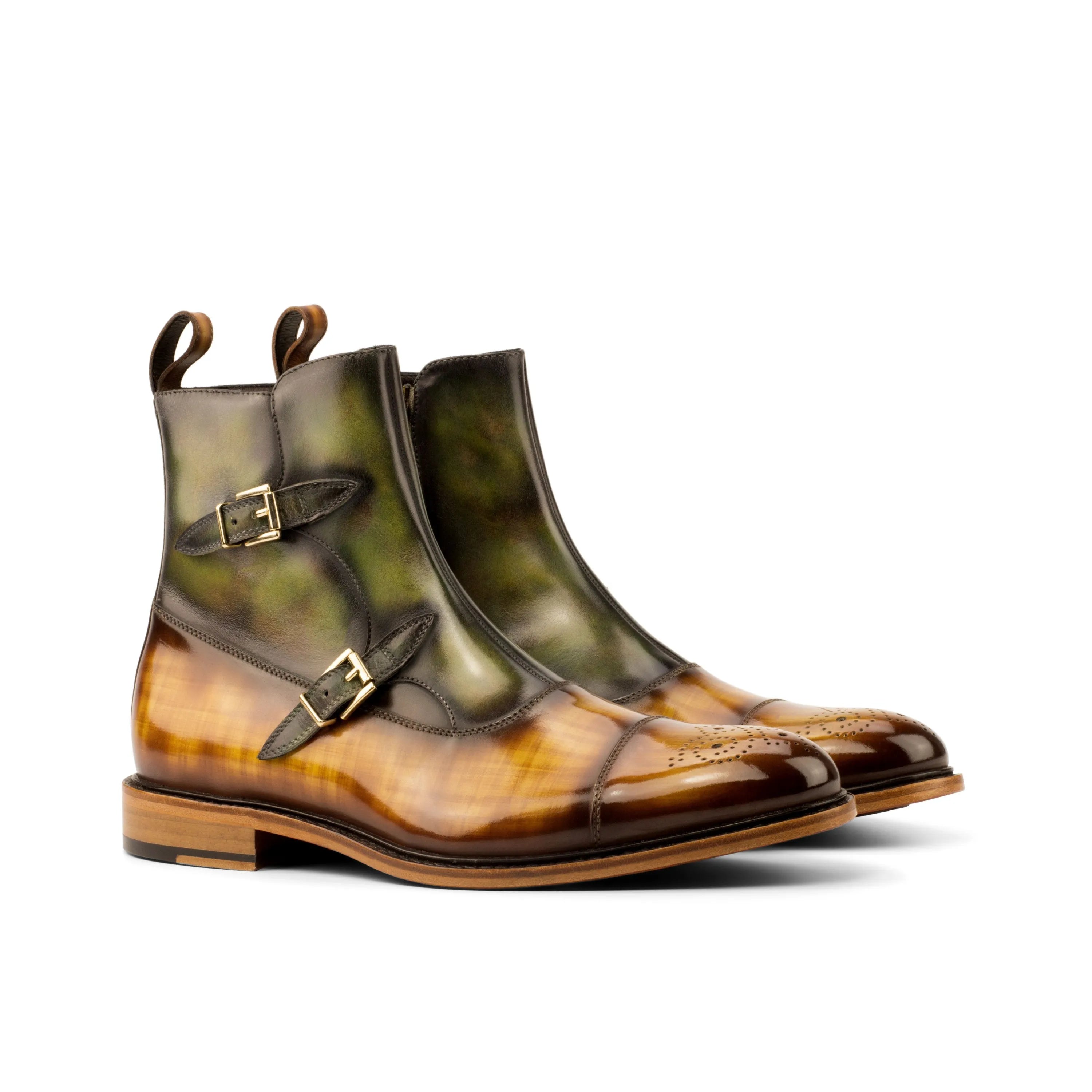 Igasho Octavian Patina Boots in olive and brown leather monk strap