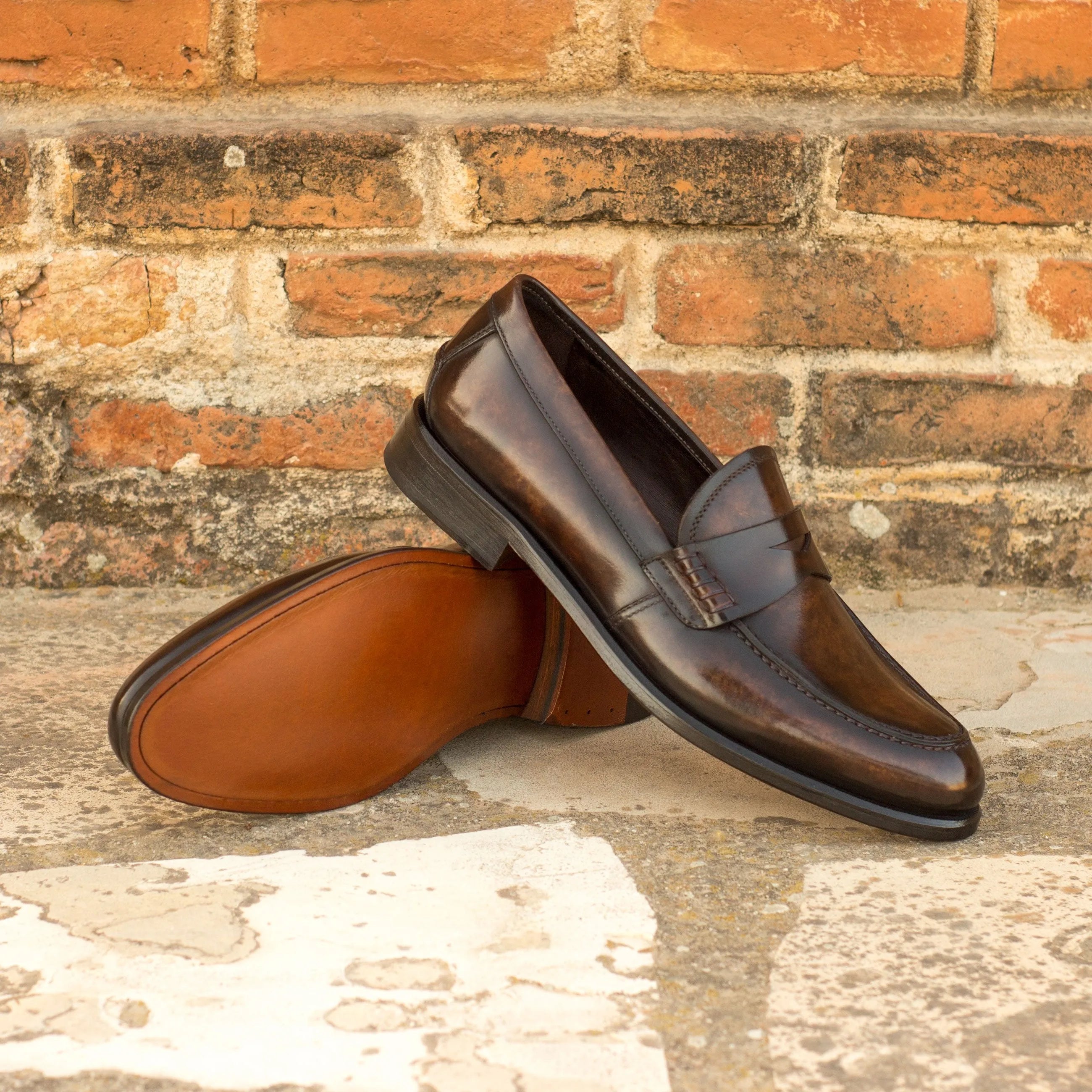 Indi ladies patina loafers: brown leather penny loafers
