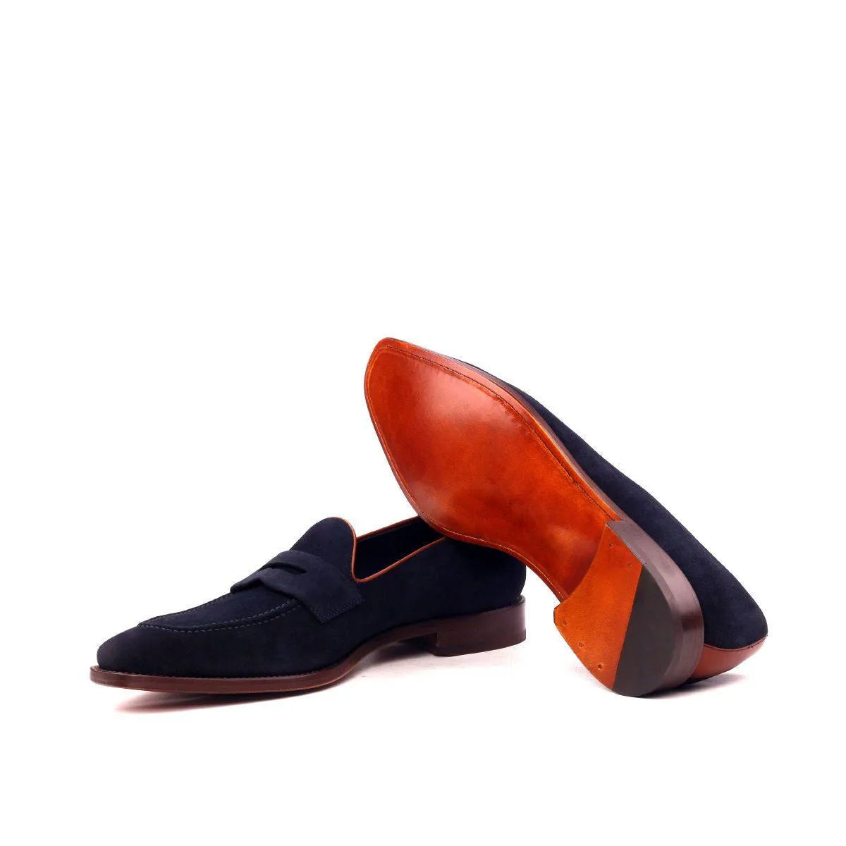 Navy suede Jagg loafers, luxury bespoke hand-painted patina shoes for men