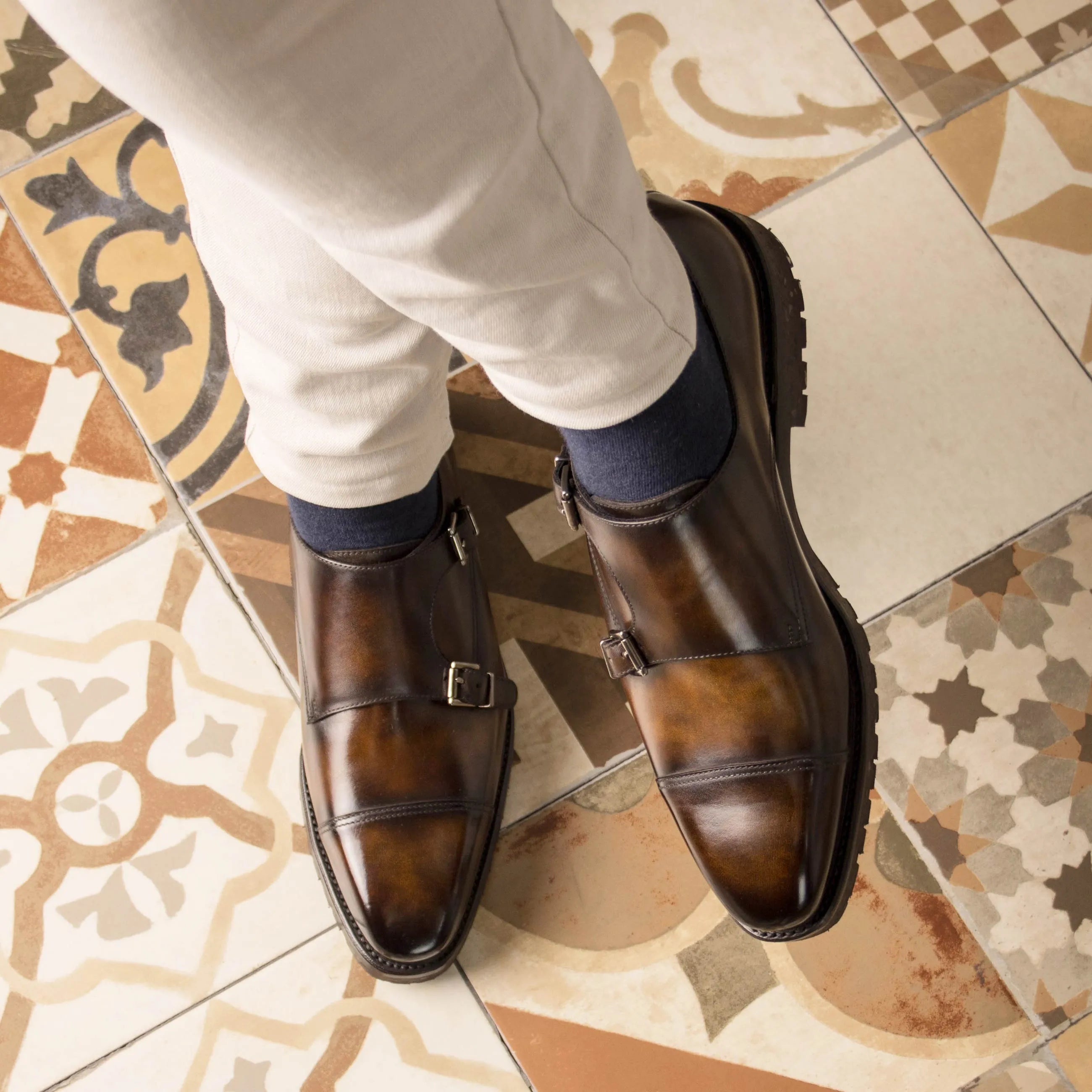 Jamis Patina double monk brown leather shoes back view