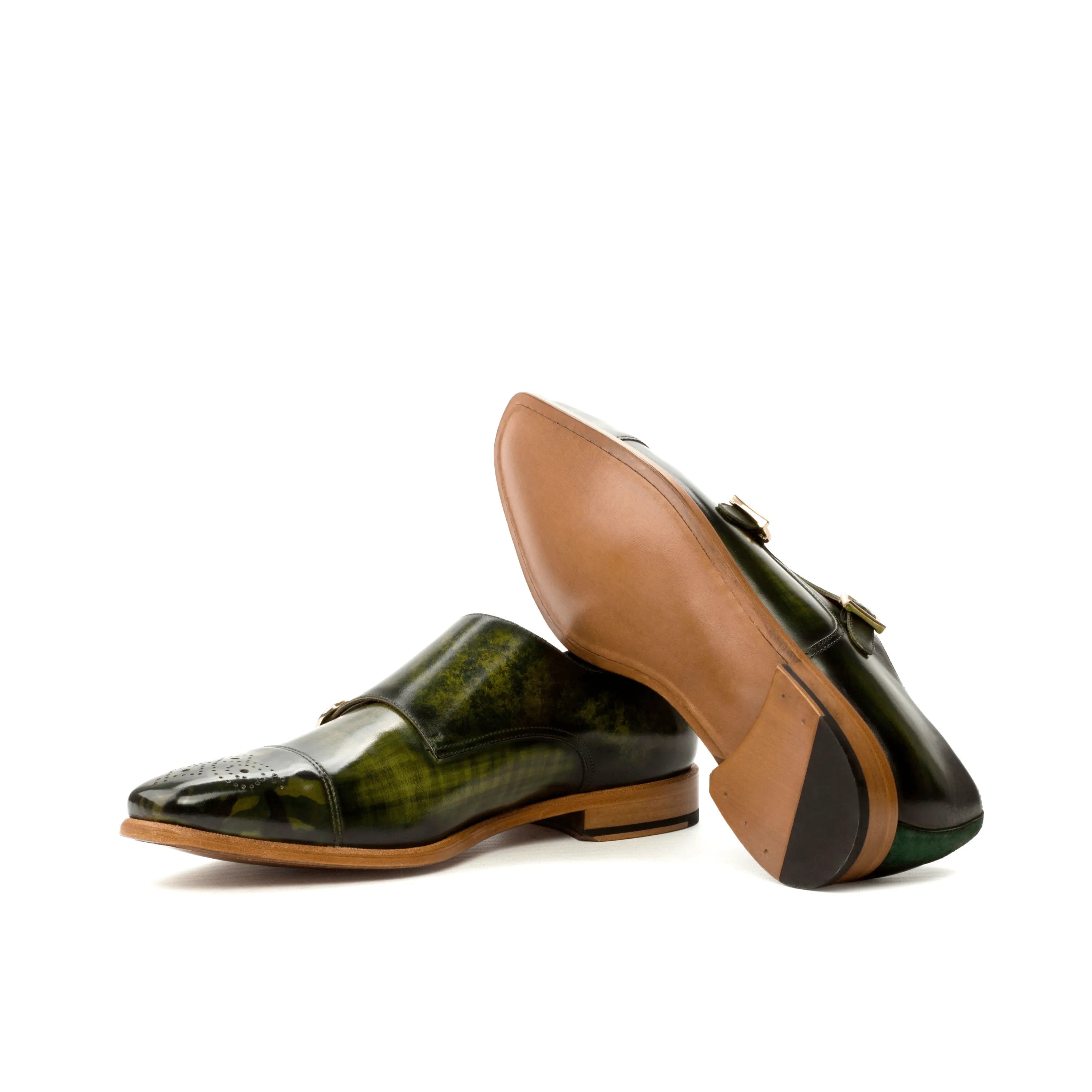 Joker double monk patina green leather shoes pair