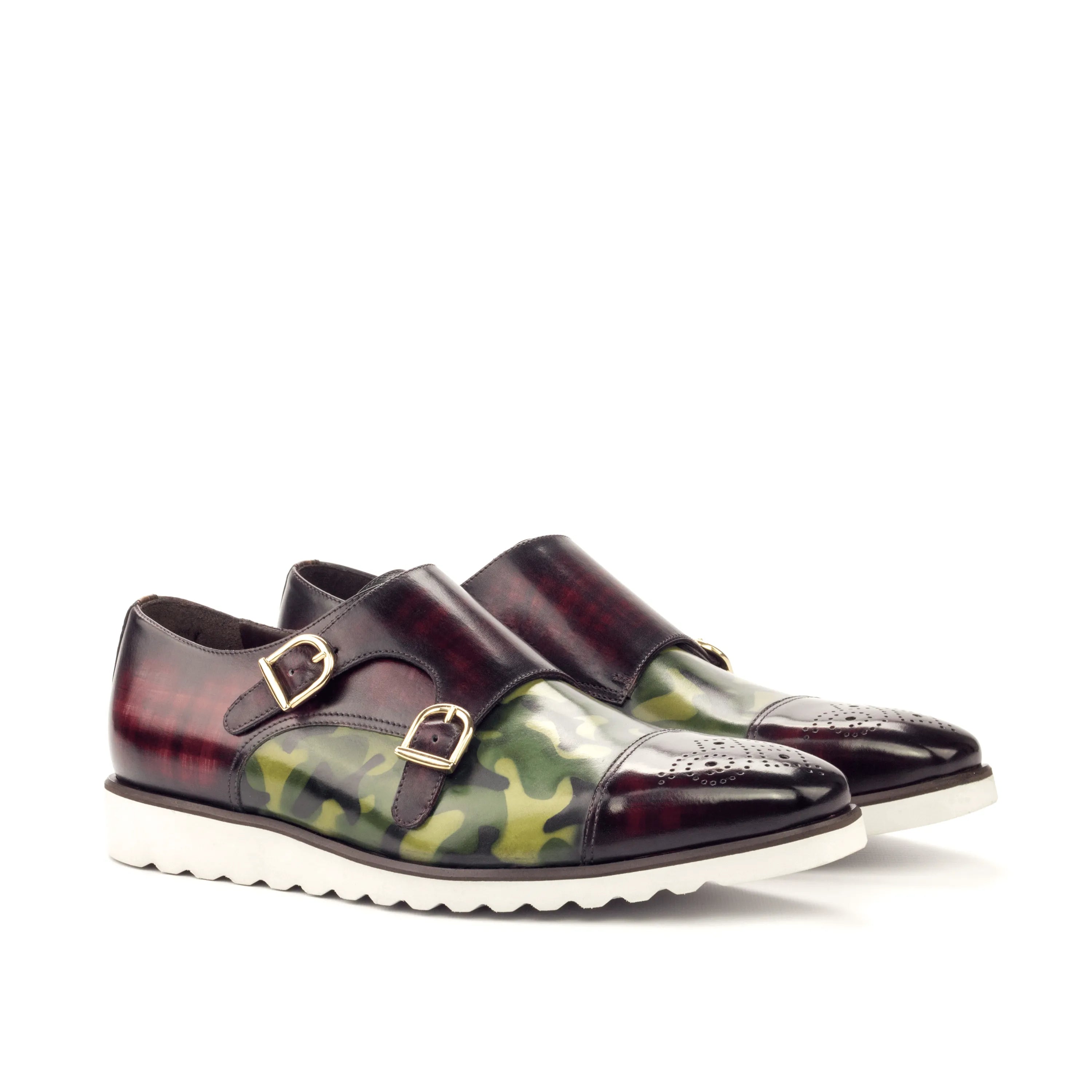Juan double monk patina shoes in camouflage and burgundy leather