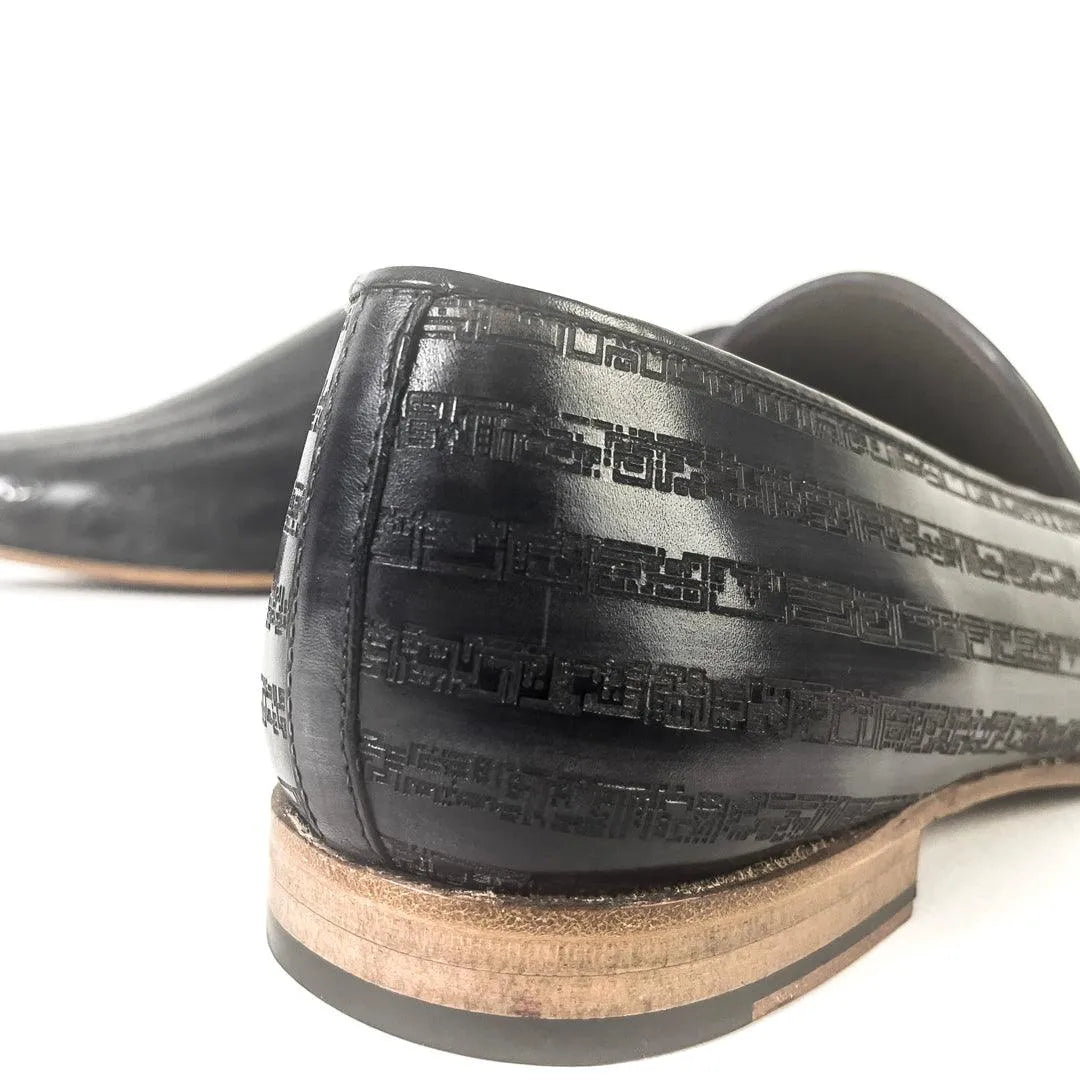 Khalil Patina Wellington slip-on black leather loafer with geometric pattern