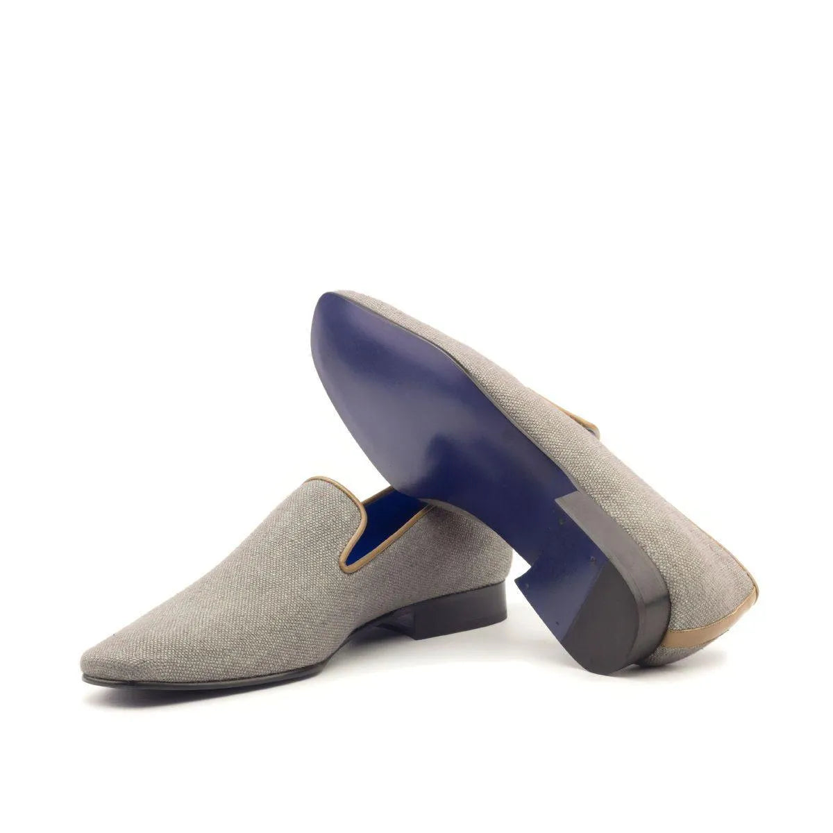 Gray textured La Drake slipon with cobalt blue soles, luxury bespoke shoes for men