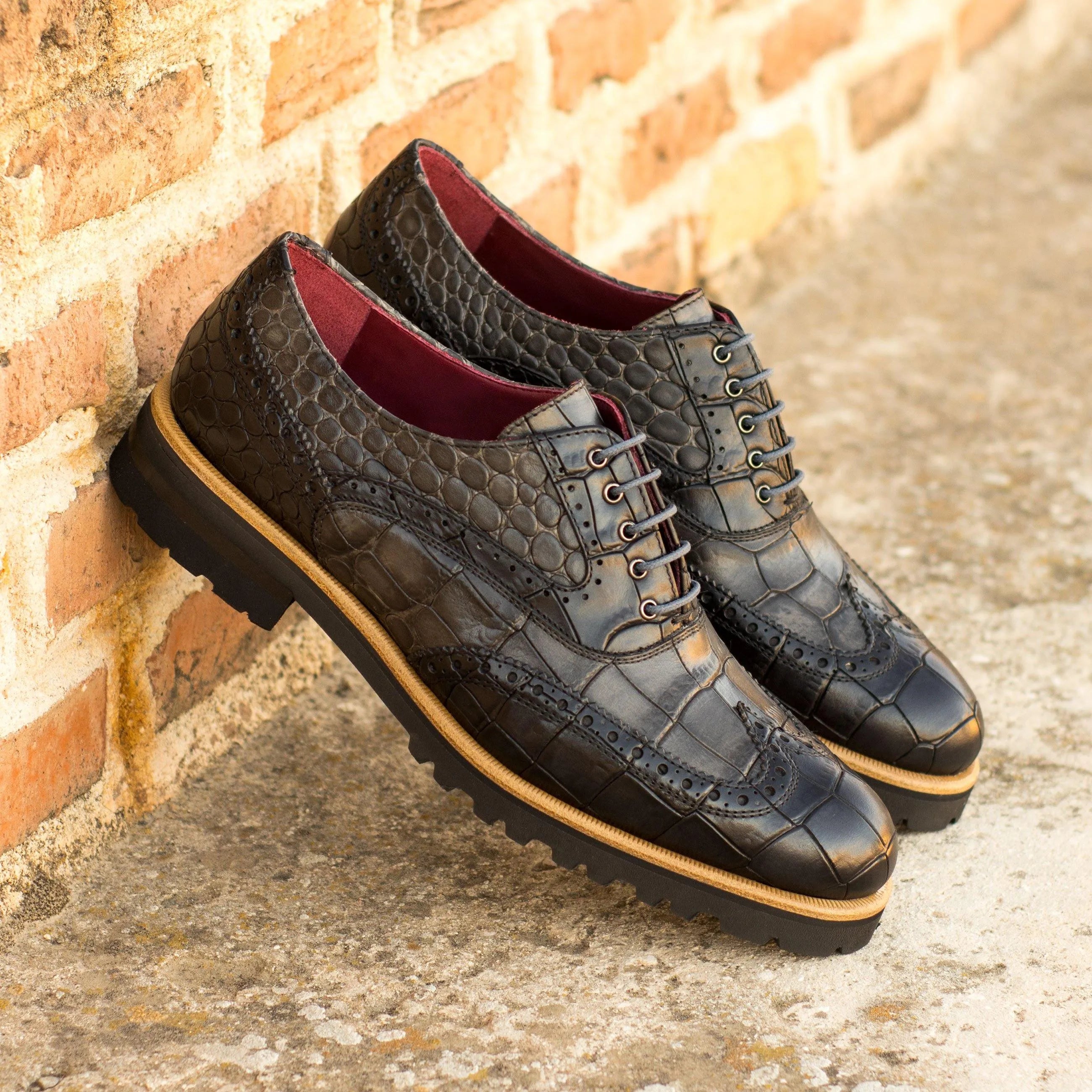 Leima ladies full brogue shoes in black croco embossed calf leather