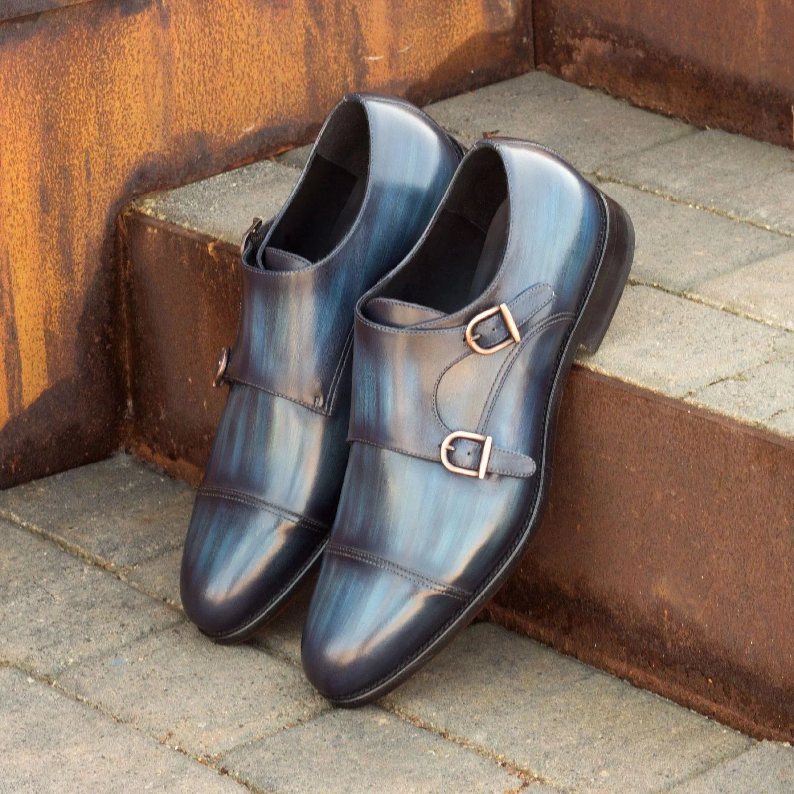 LH Double Monk blue leather double monk patina shoes