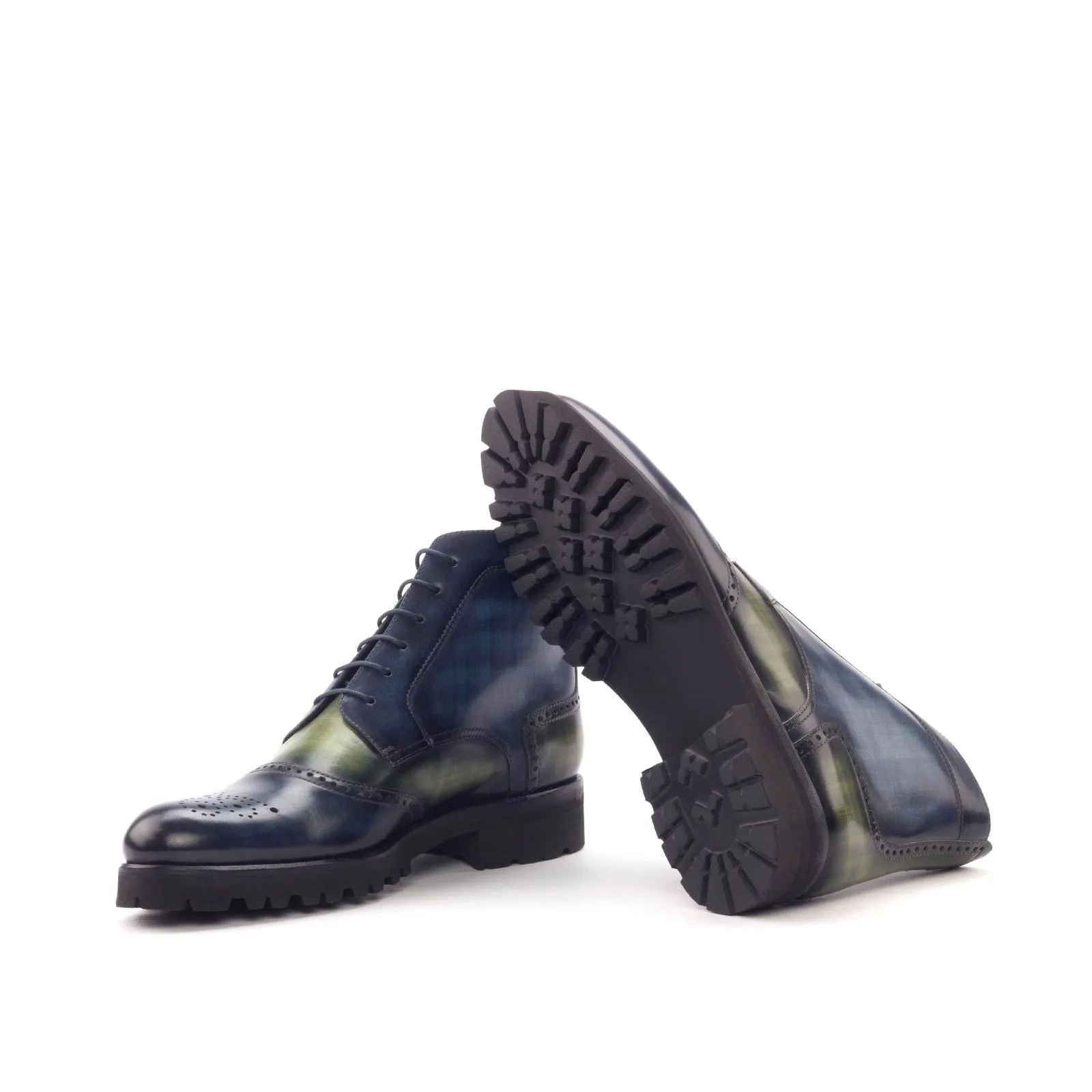 Lidia Women’s military brogue boot in blue green leather with crust patina