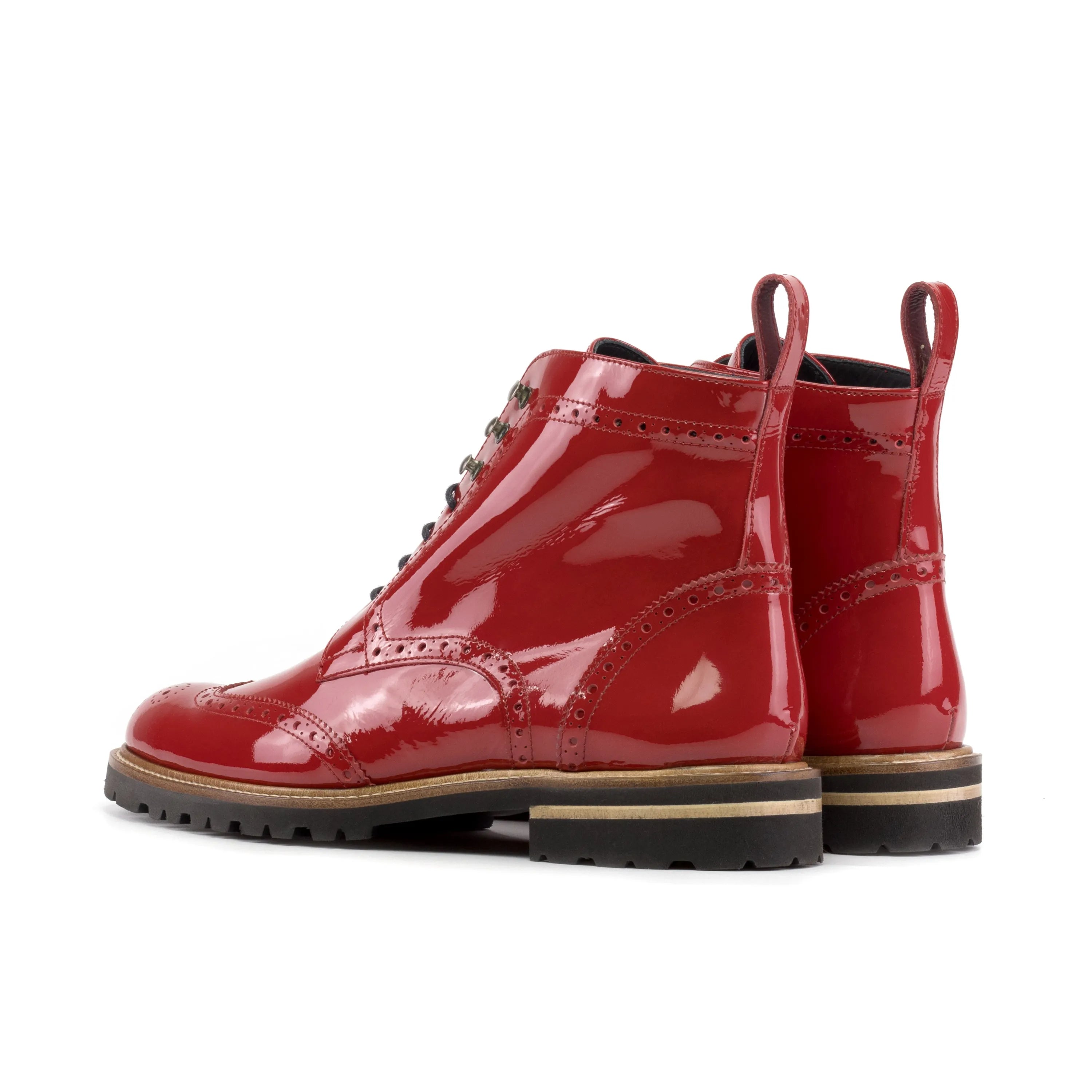 Lila unisex military brogue boots in red patent leather