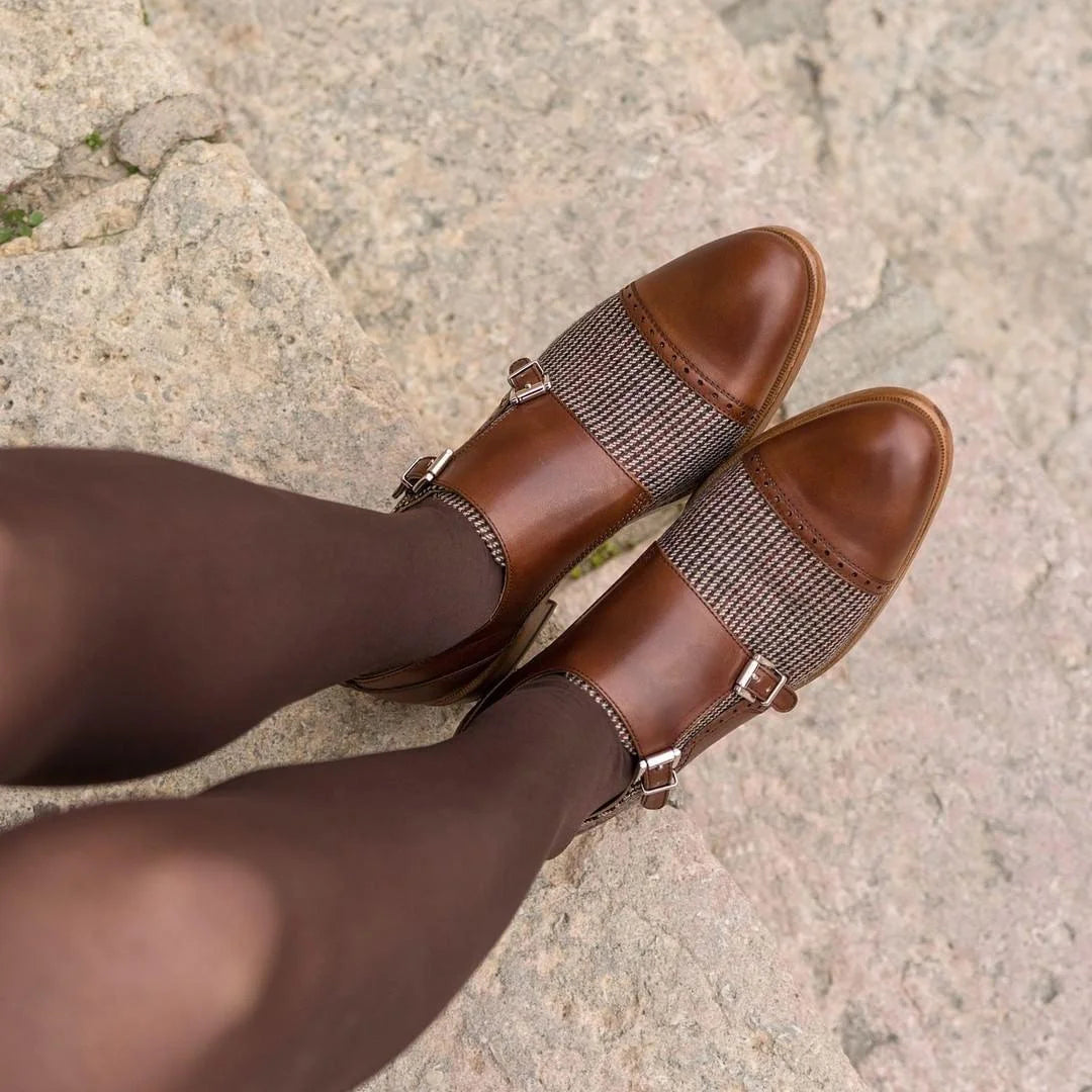 Lolas women double monk shoes II: brown leather Mary Janes with gray straps, gold buckles