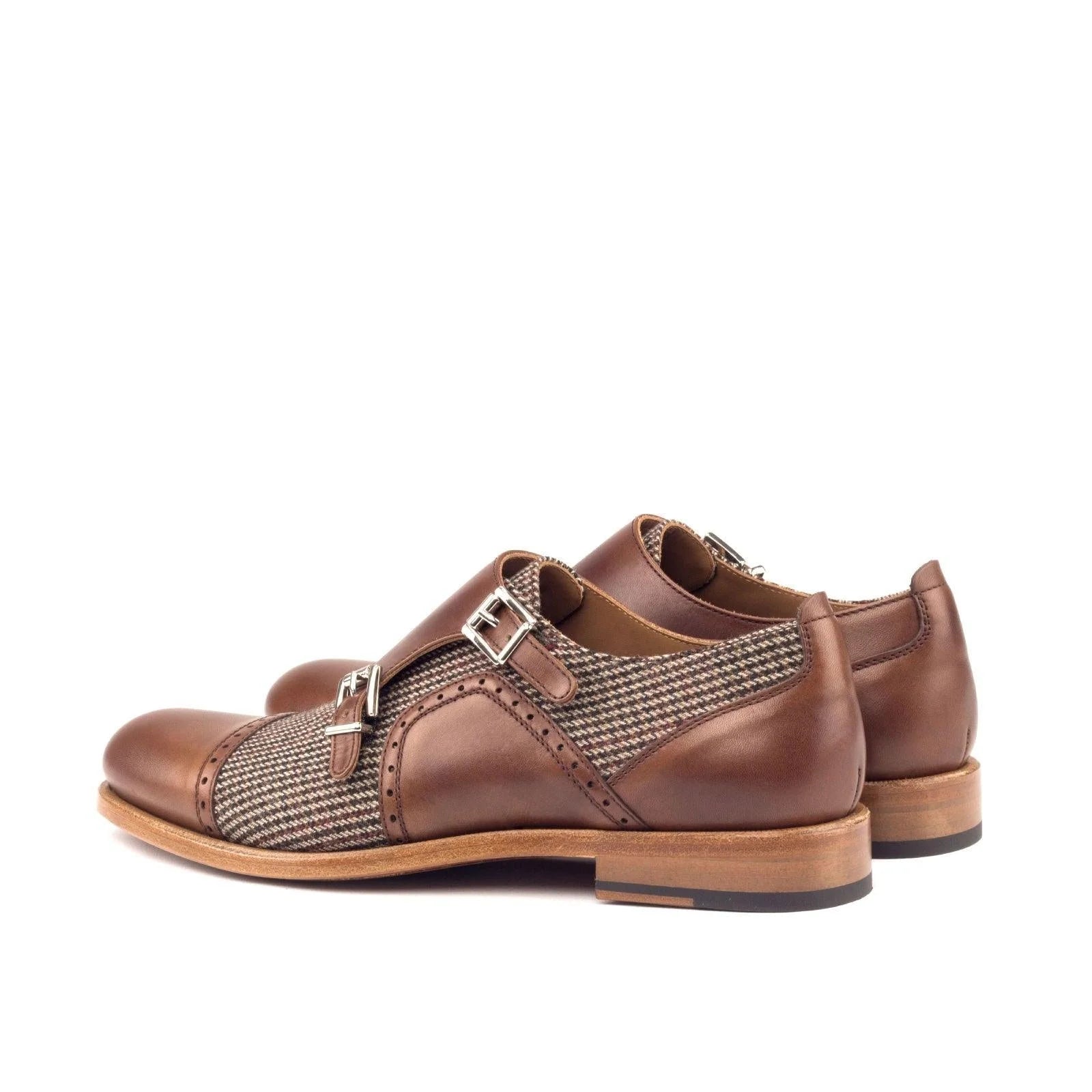 Lolas Women Double monk shoes II brown leather with tweed accents