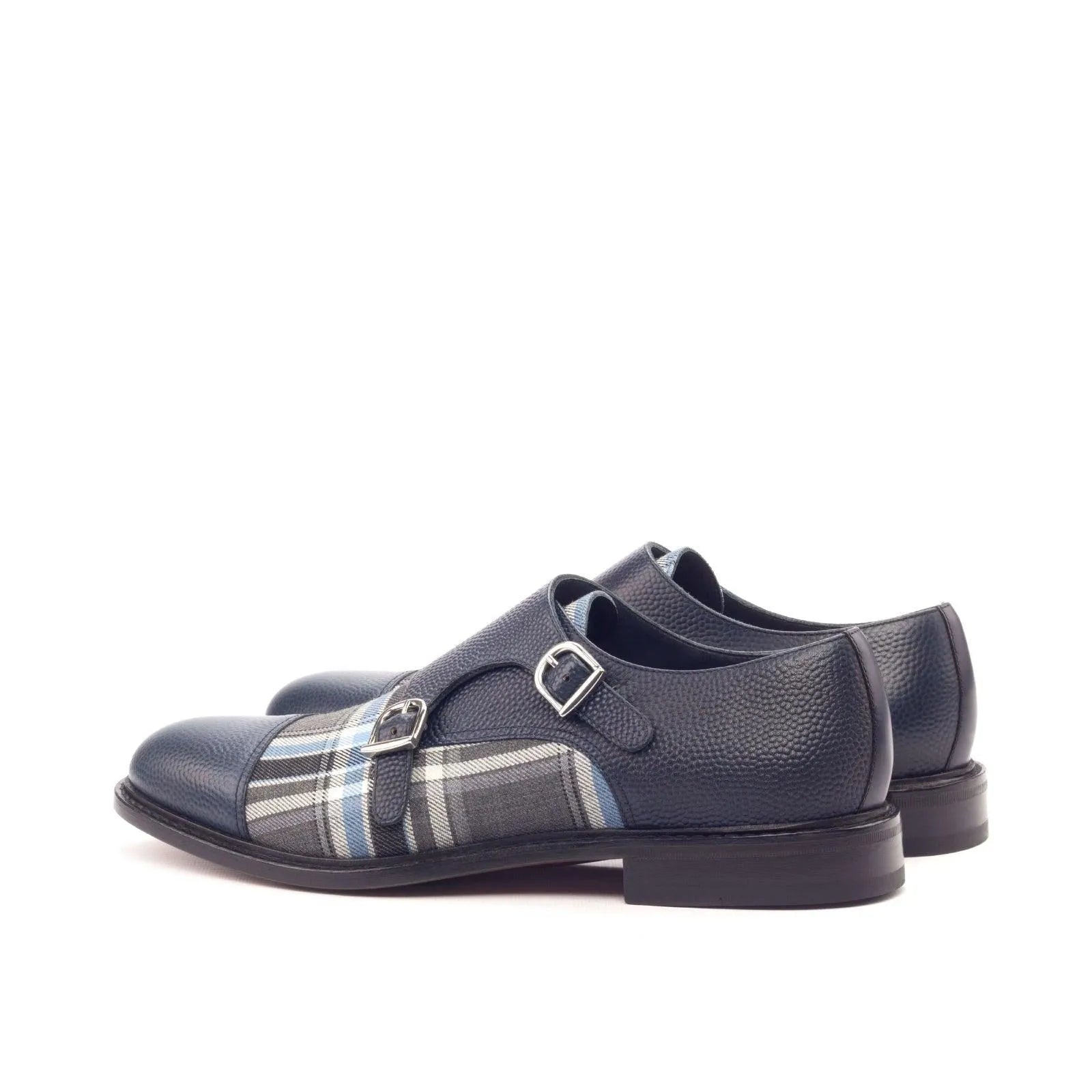 Lorrd Double Monk II blue leather plaid double monk shoes