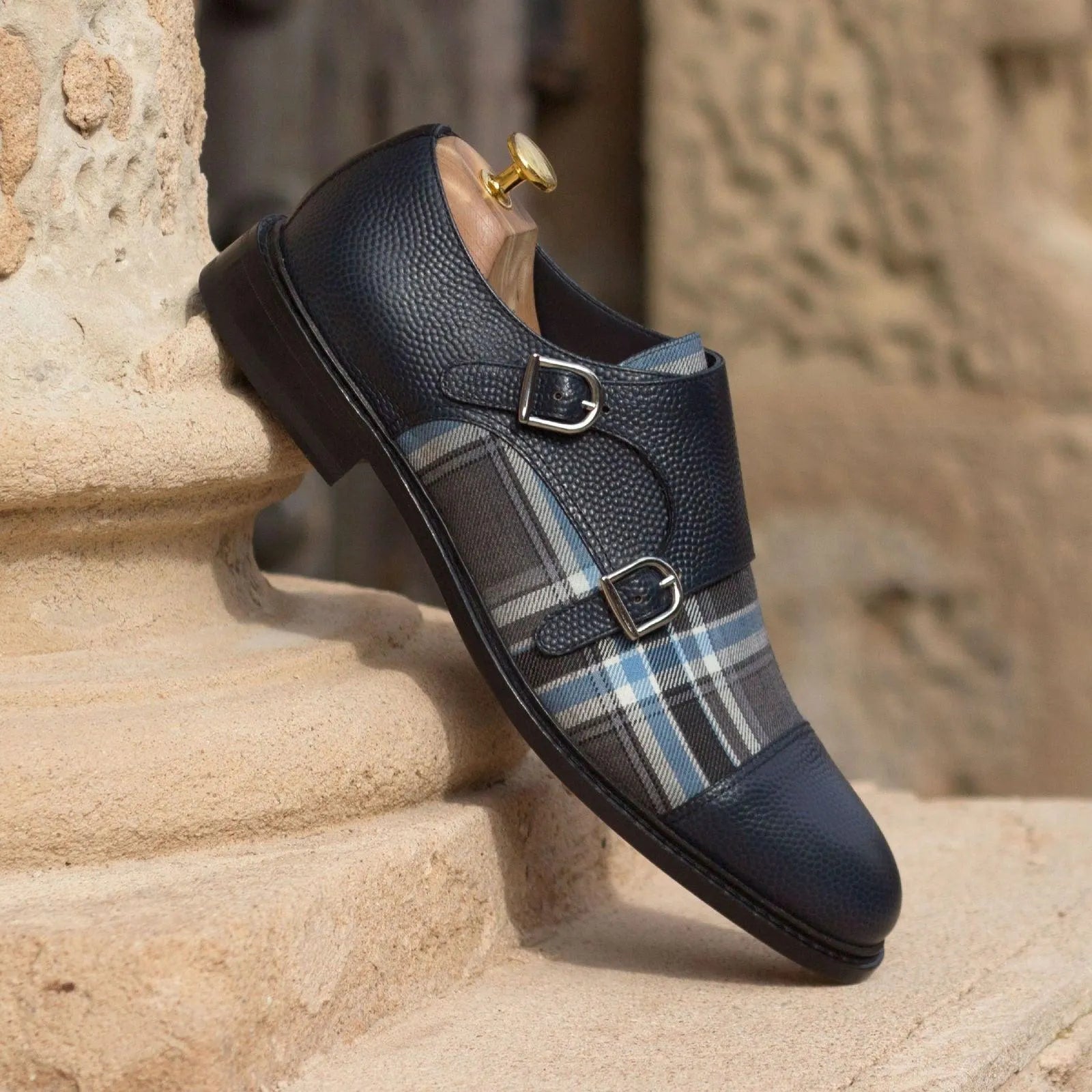 Lorrd Double Monk II blue leather plaid double monk shoe