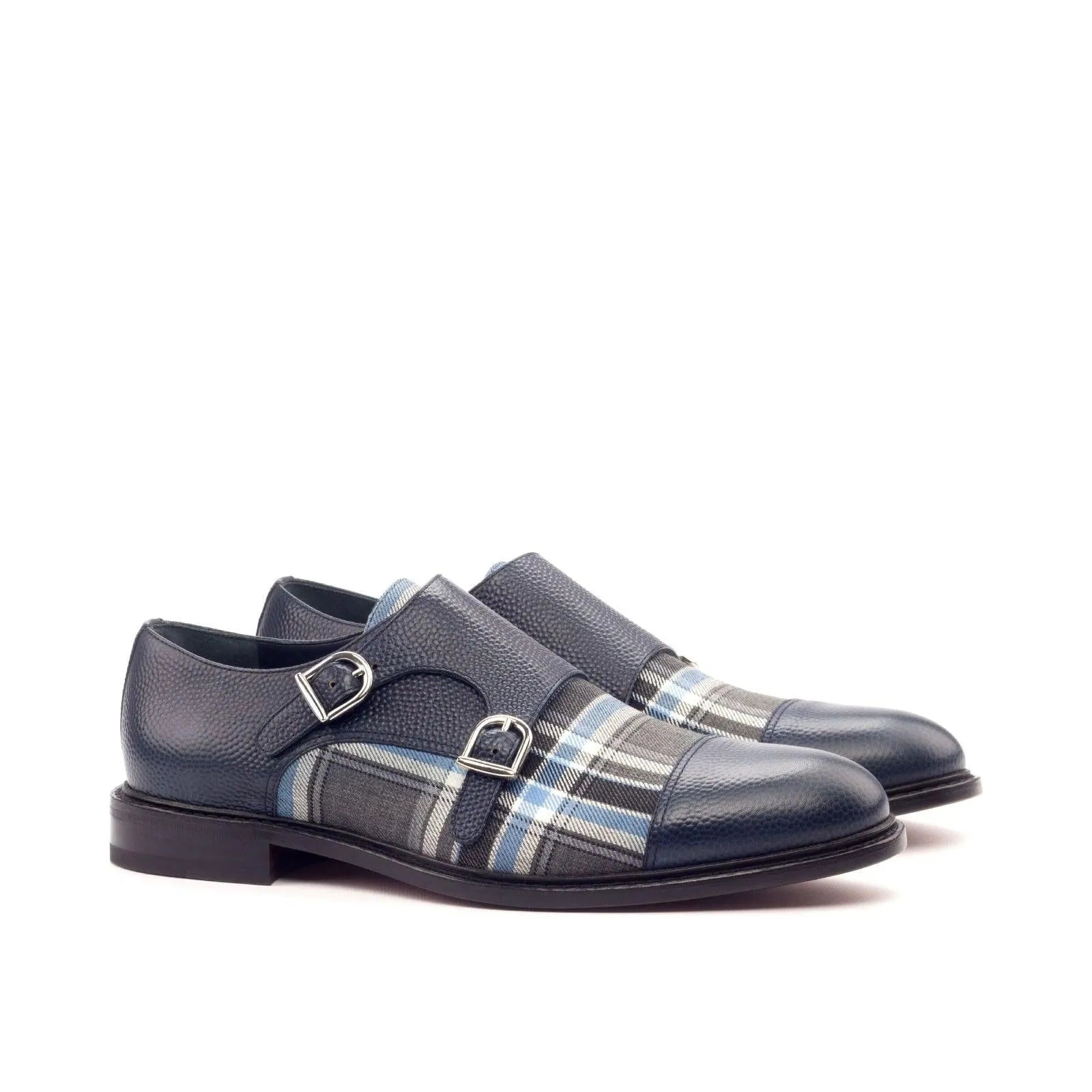 Lorrd Double Monk II blue leather plaid monk strap shoes