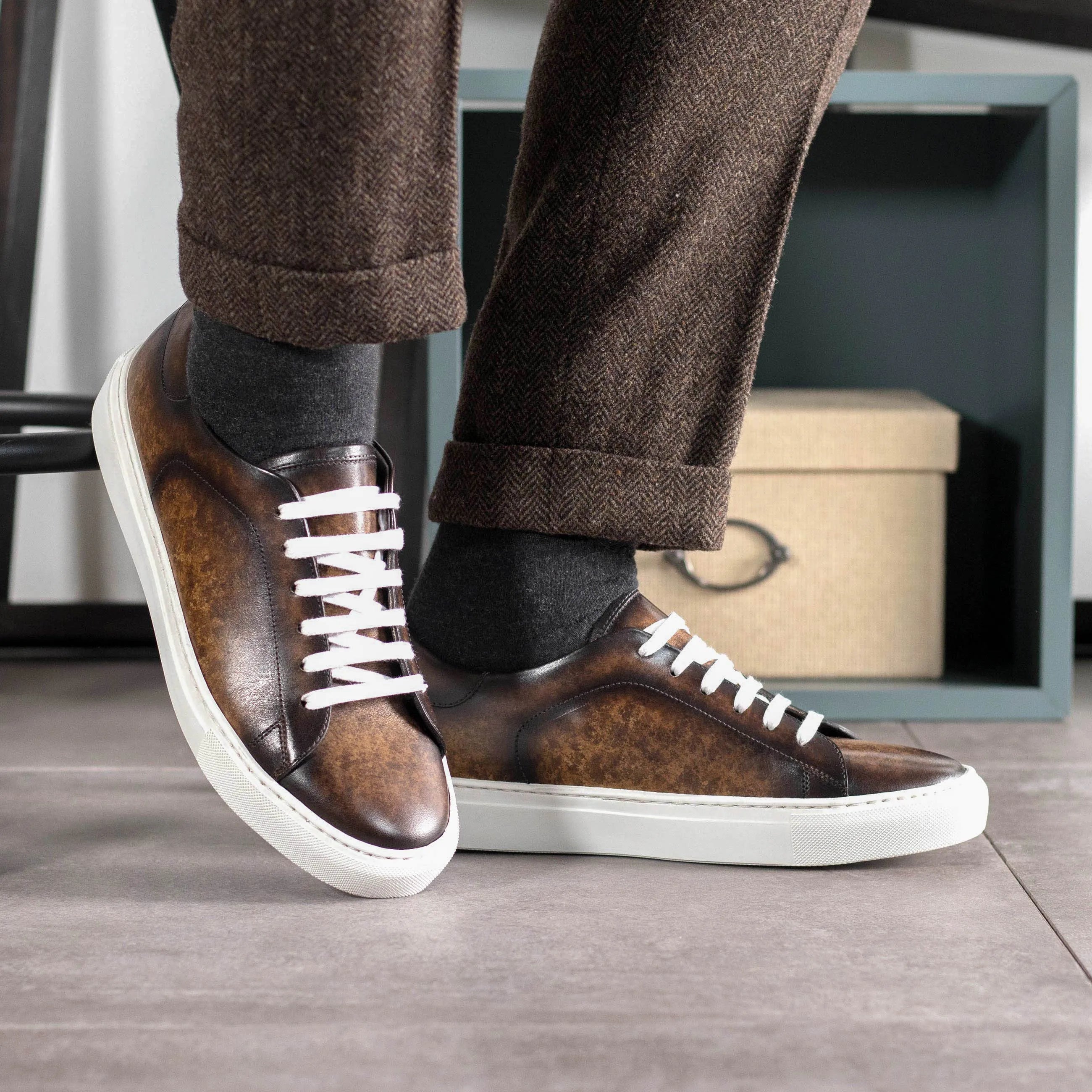 Brown leather Luminous Trainer Patina Sneaker with white cupsole