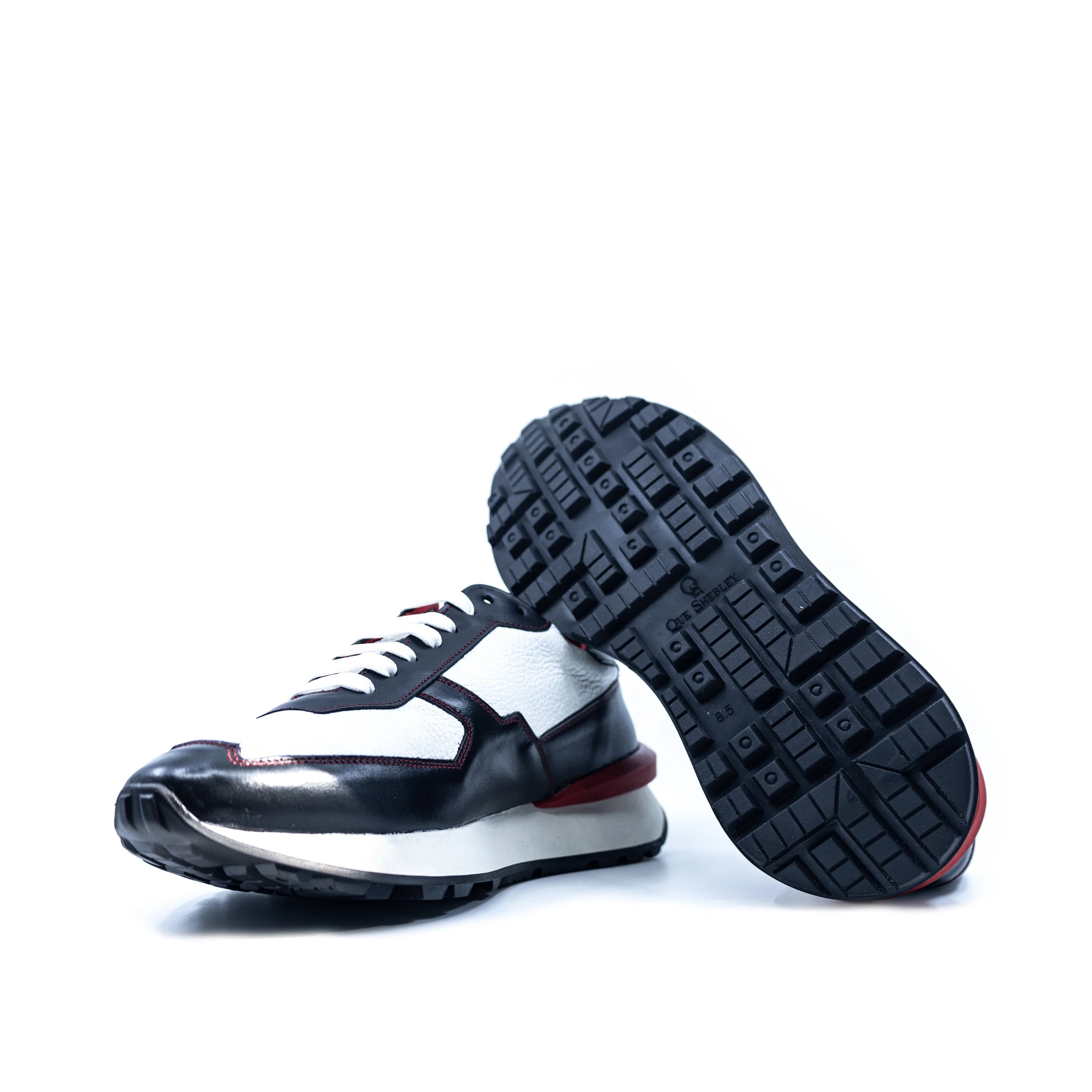 M10 Chunky Tempo Trainer Sneaker II in white black Italian leather with red accents