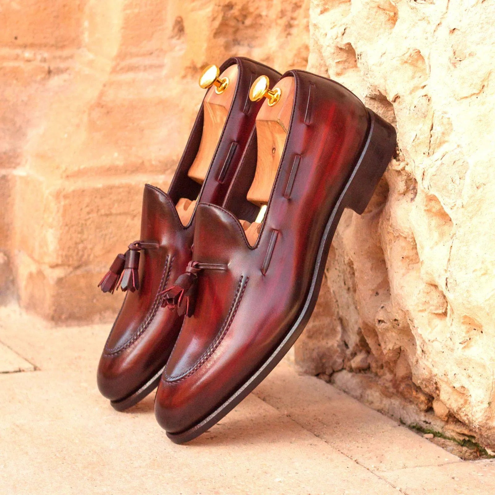 Burgundy leather tassel MDF Patina loafers back view