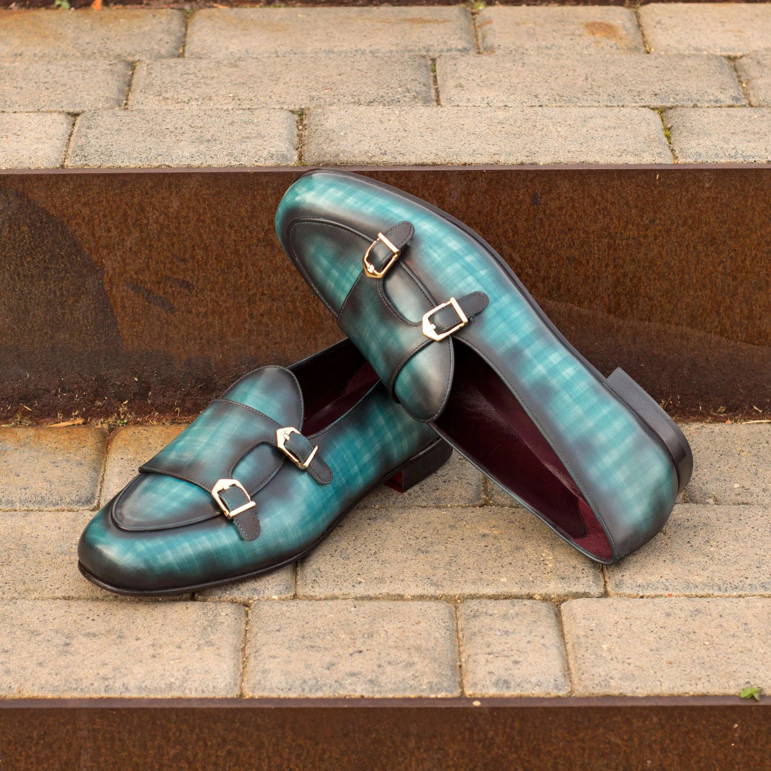 Mercelo Belgian Patina Monk Slipper II teal double monk strap loafers