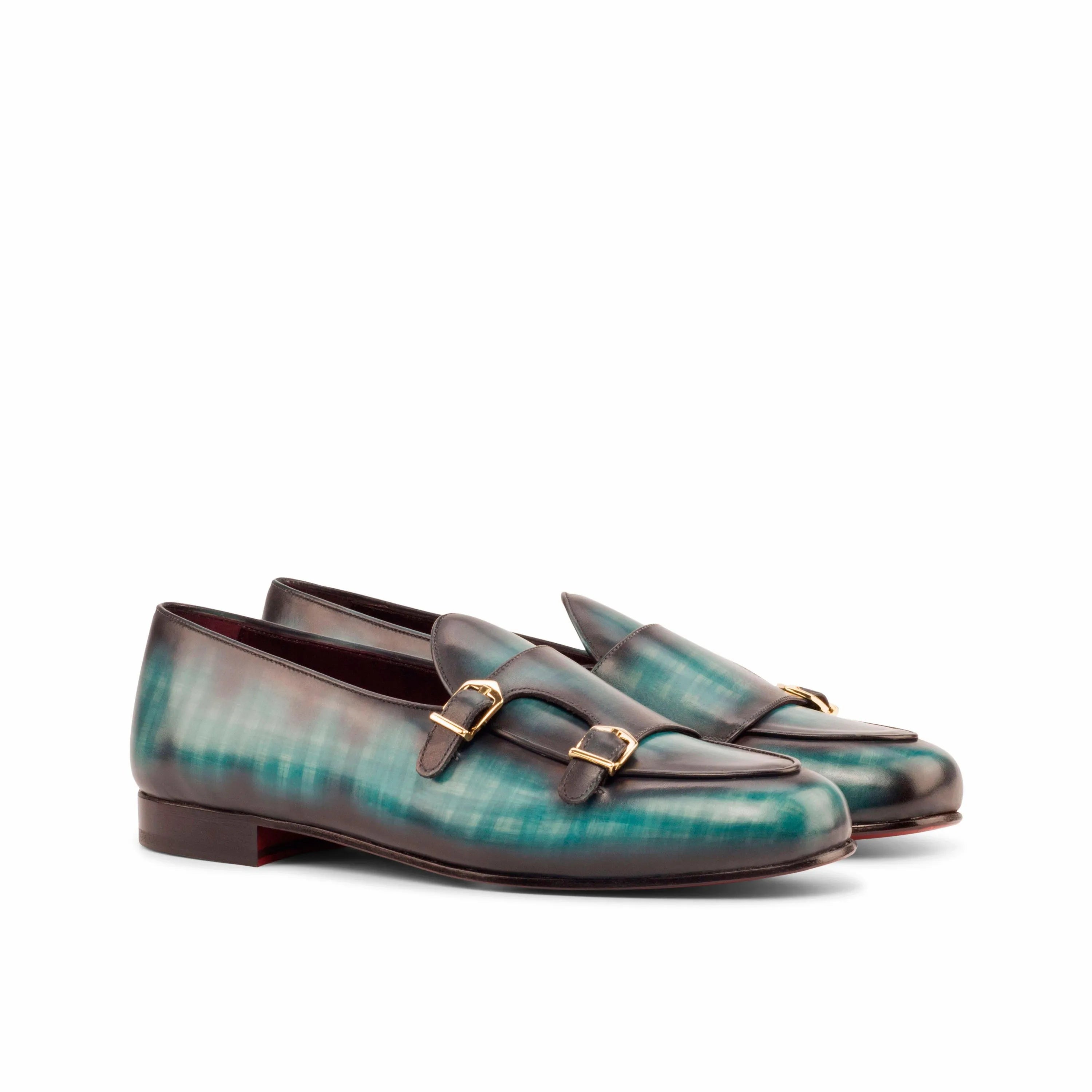 Mercelo Belgian Patina monk slipper in green and brown leather