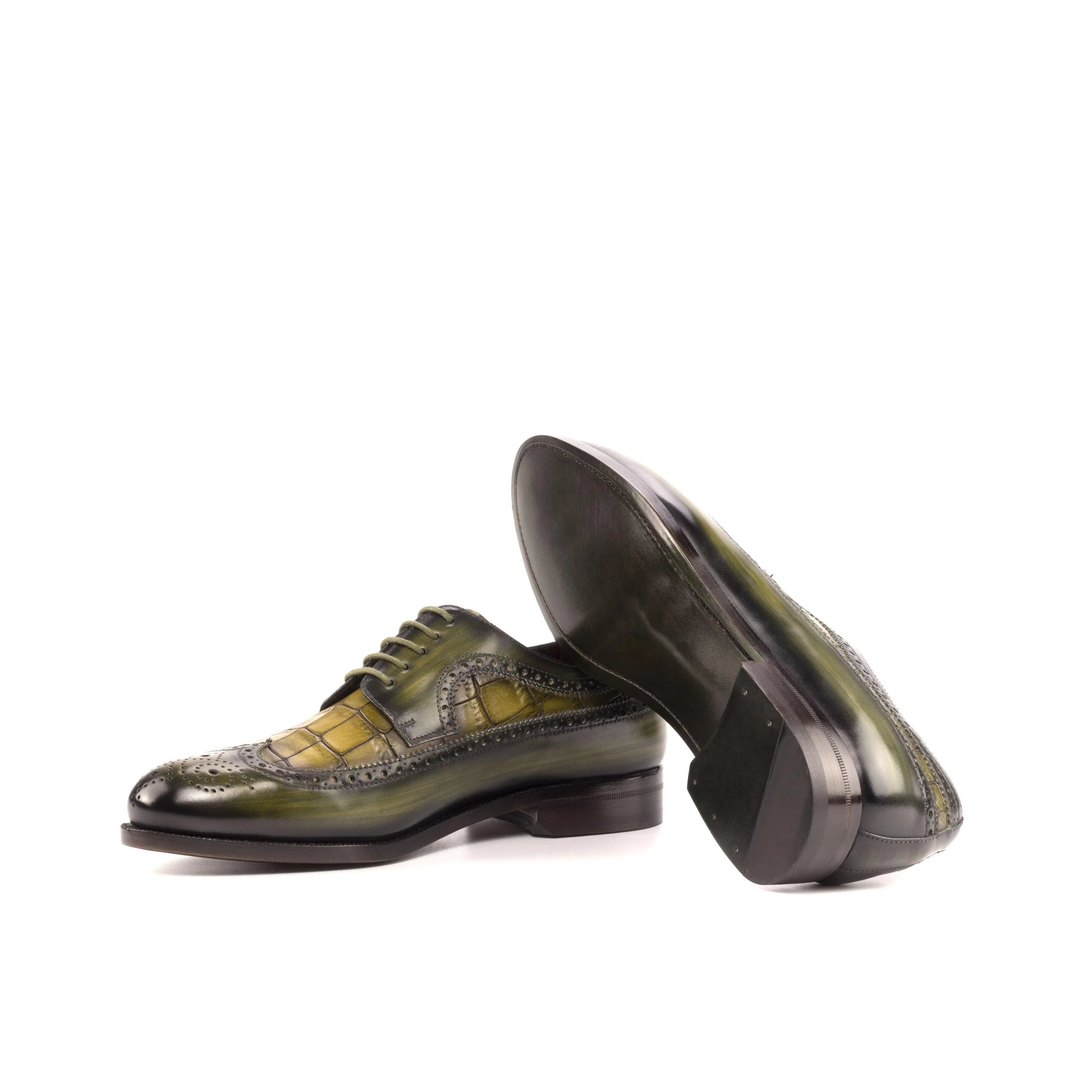 Milios patina longwing blucher green and yellow leather dress shoes