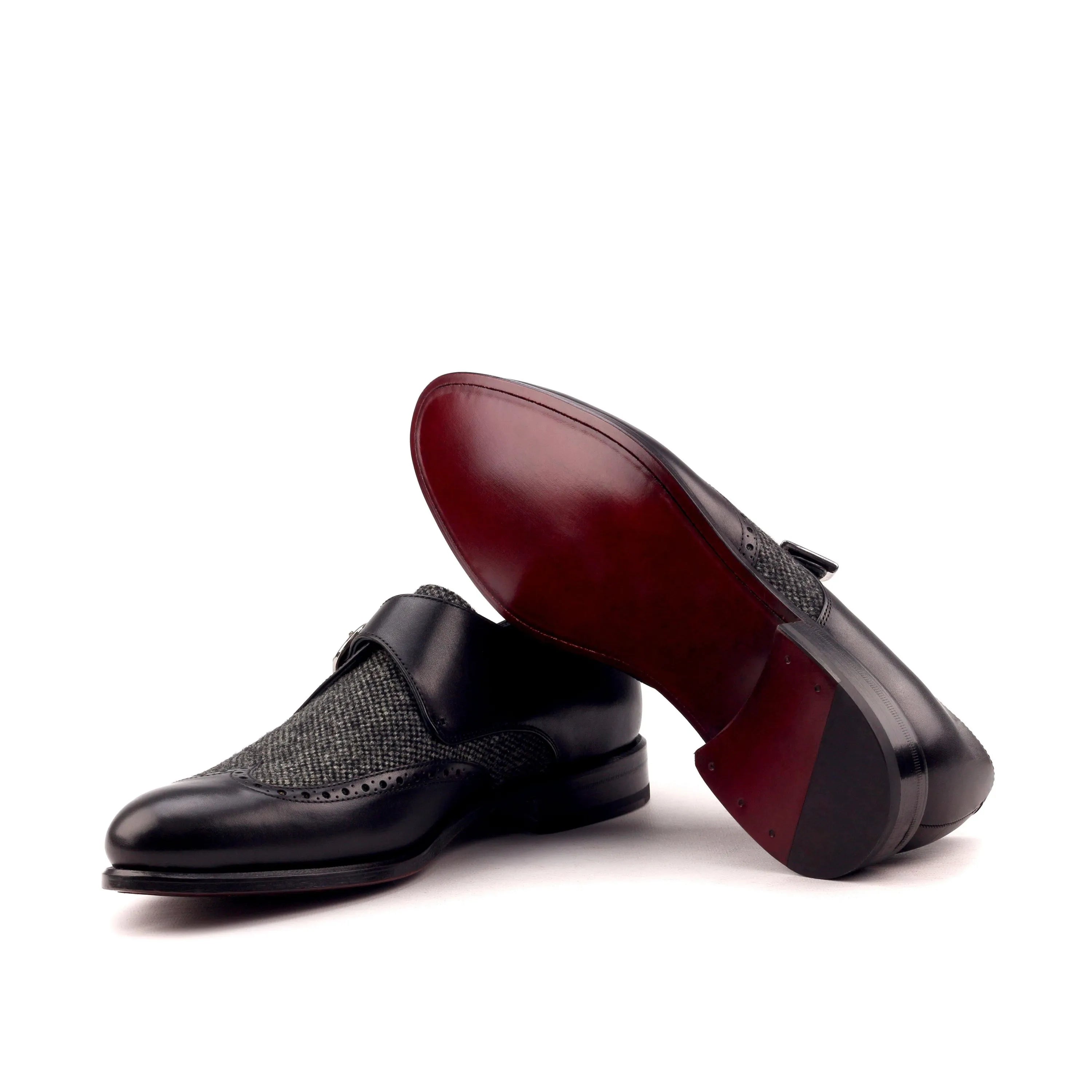 Mina Sartorial single monk black leather tweed shoes