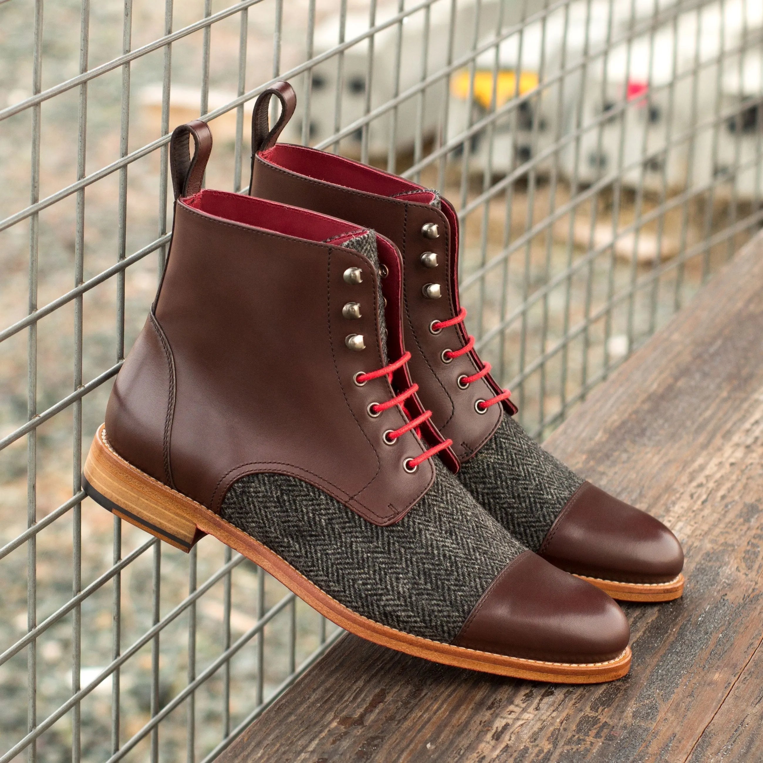 Nina12 ladies brogue boots in brown leather and tweed