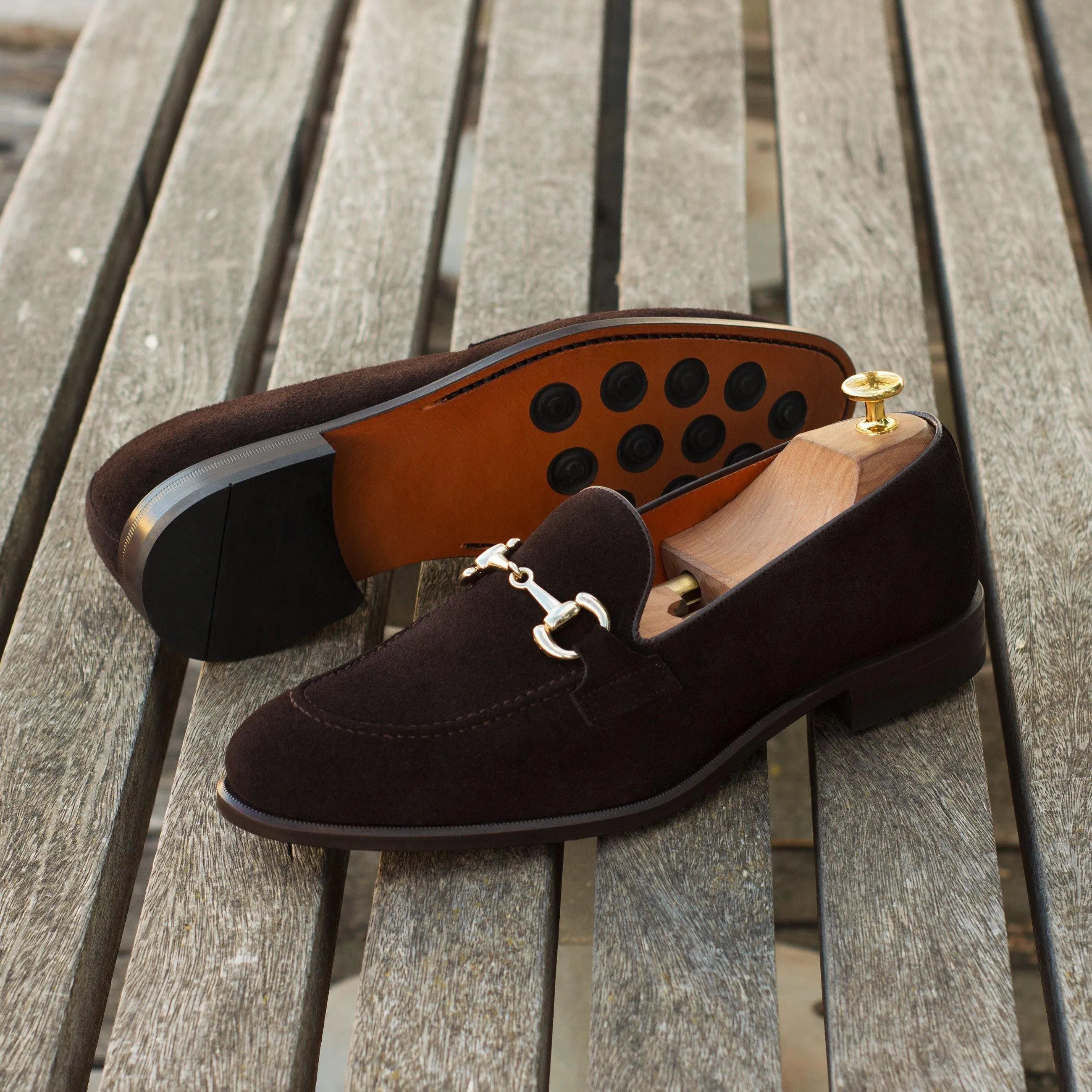 Nndee loafers II: brown suede with gold hardware, luxury bespoke shoes for men