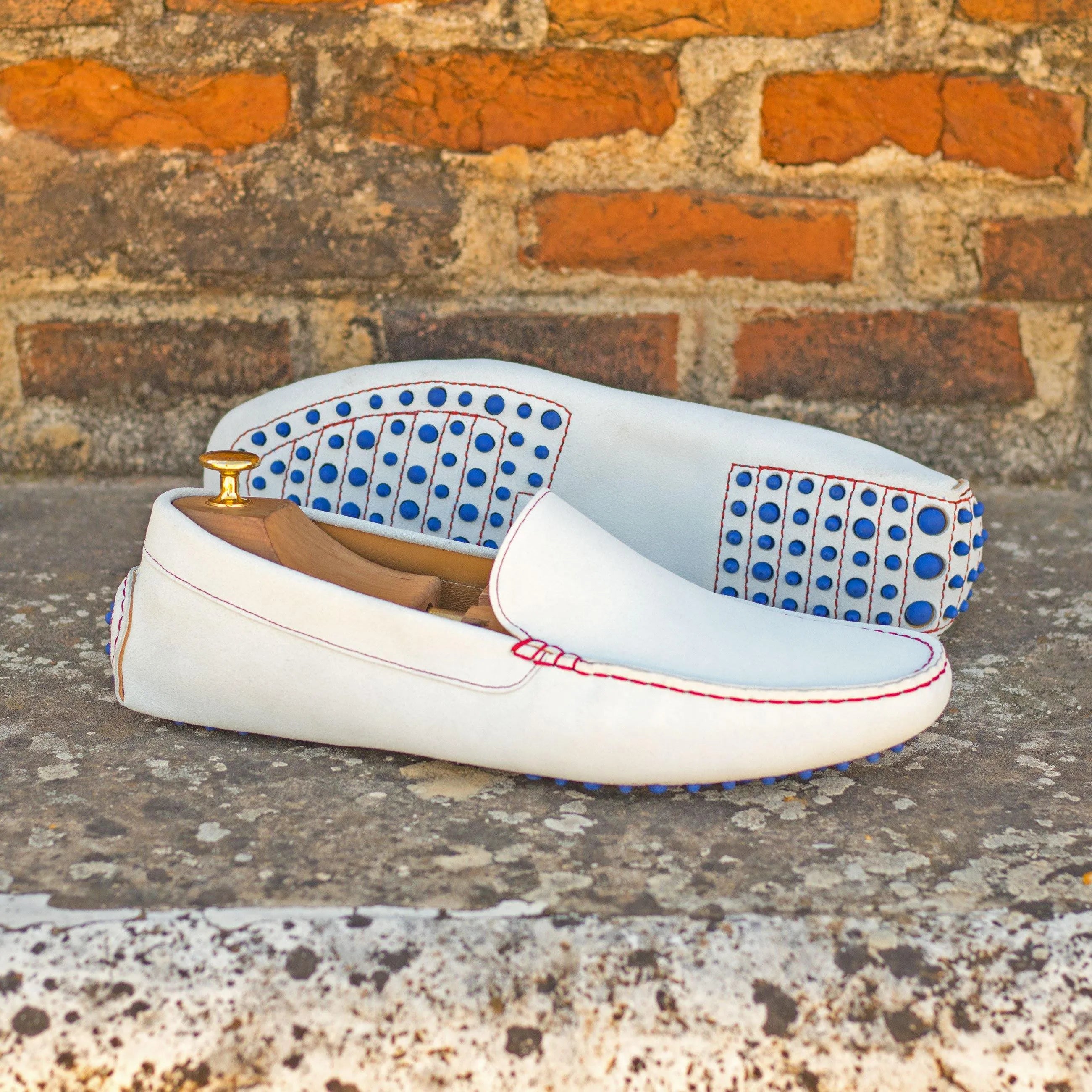North Driver white leather driving shoes with hand-painted patina