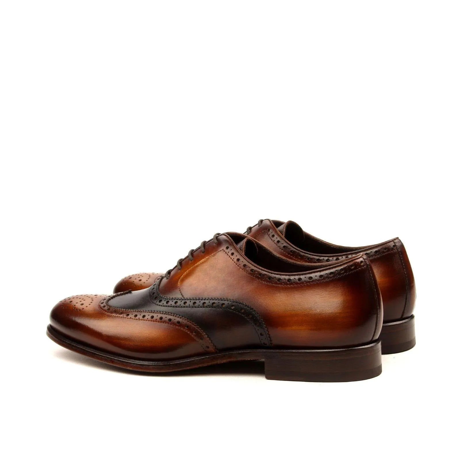 Brown leather NY Full Brogue Patina dress shoes with brogue patina