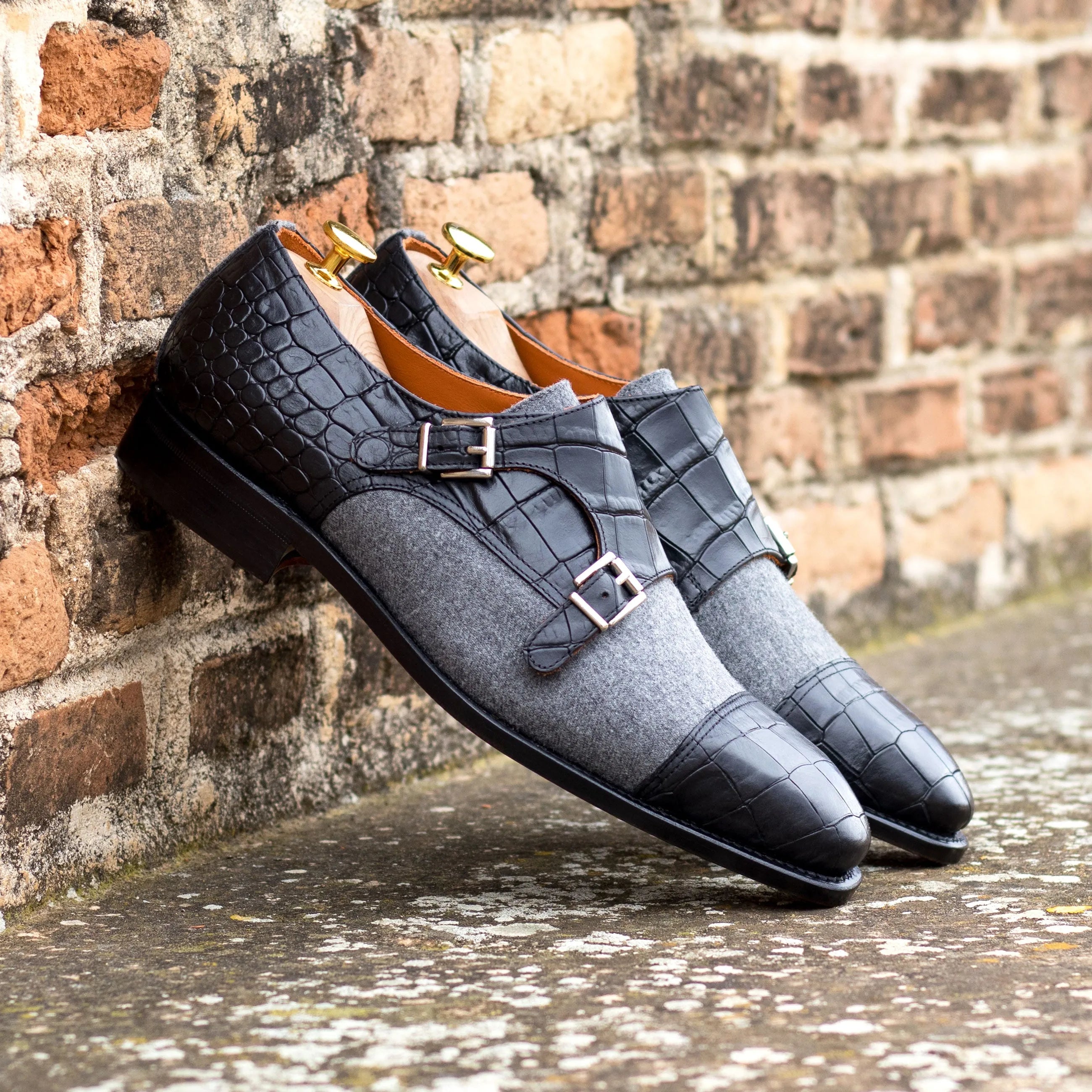 Oro Double Monk two-tone leather and fabric patina double monk shoes