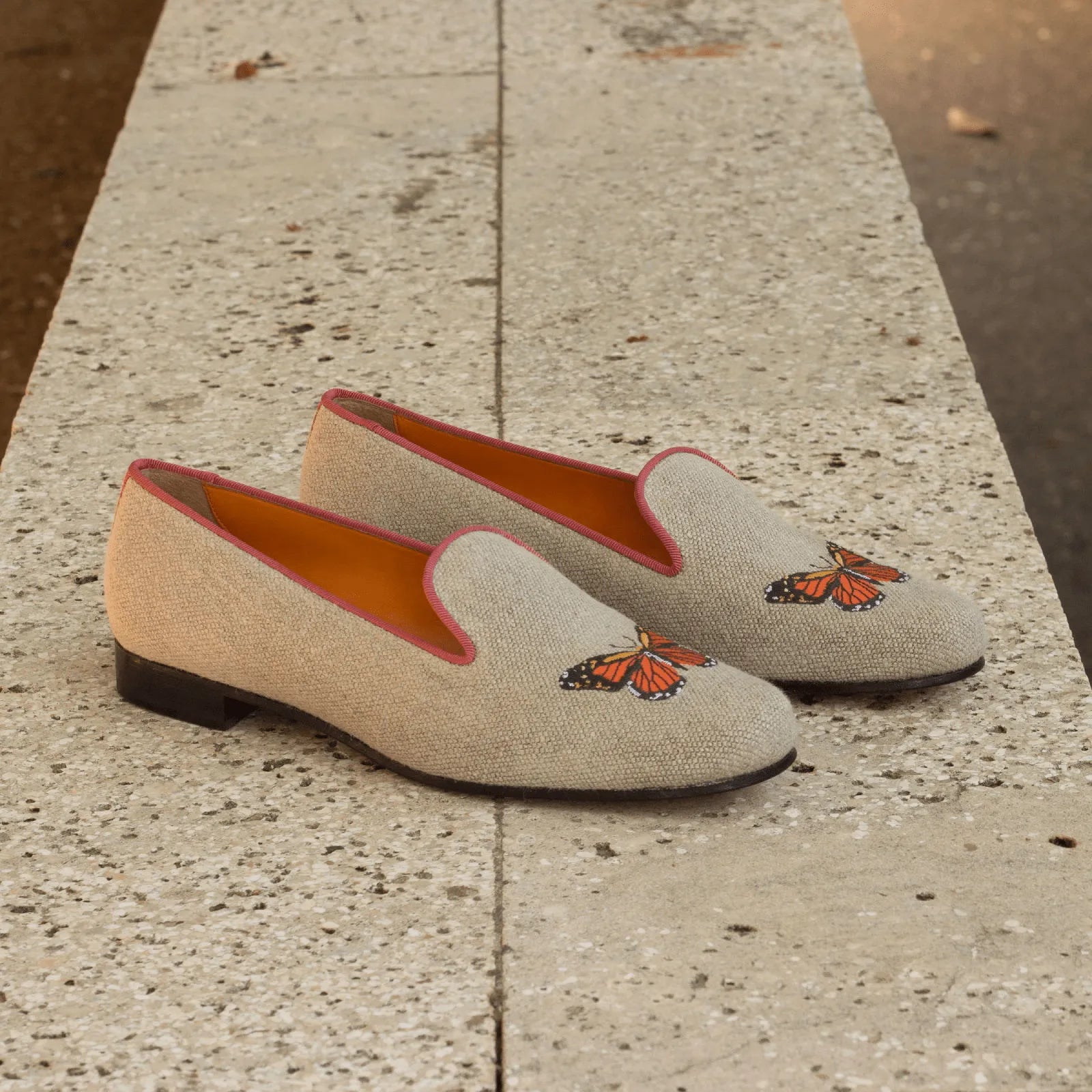 Parks Audrey Slipper with butterfly-embroidered linen loafers