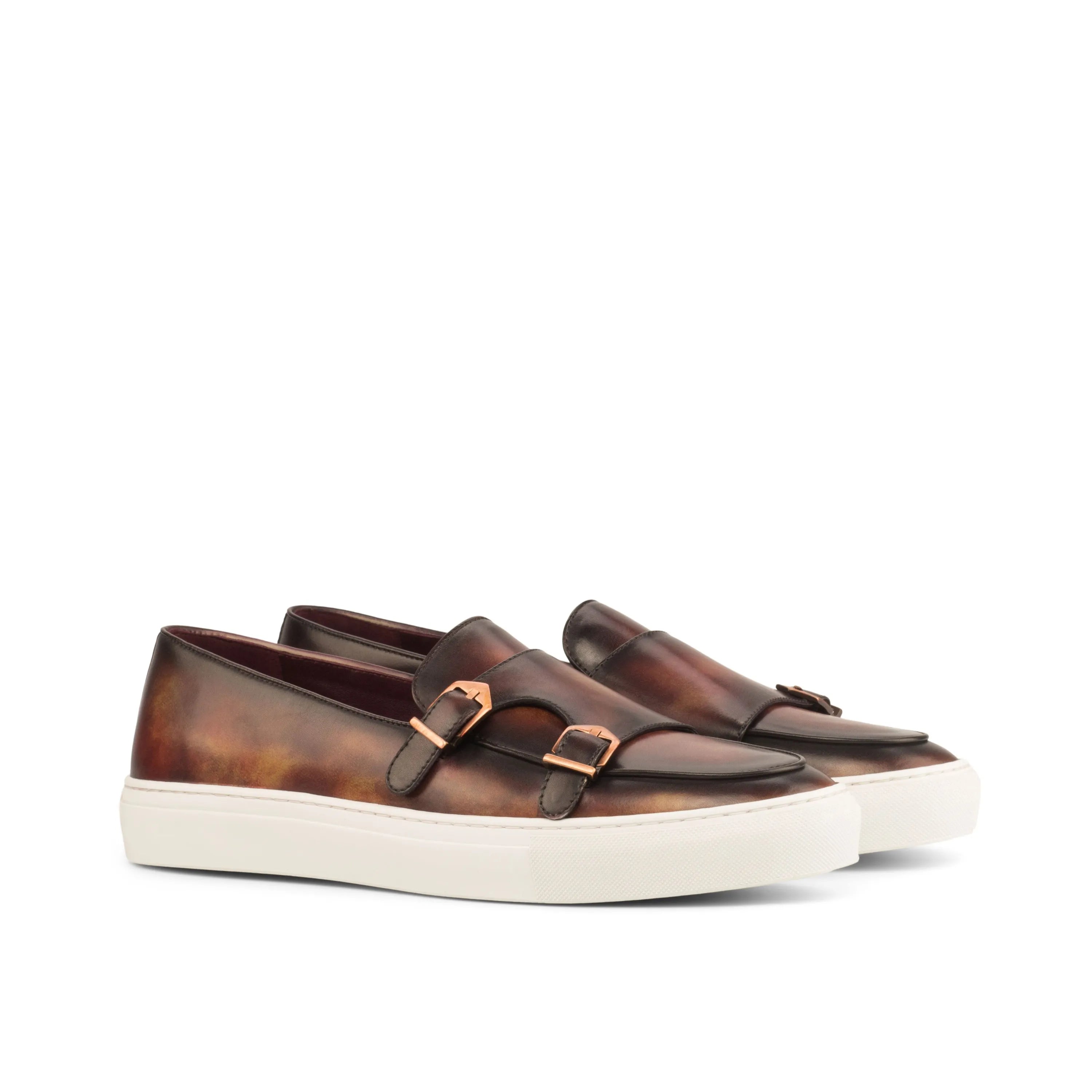 Patrina Patina monk sneaker in brown calf leather double monk straps