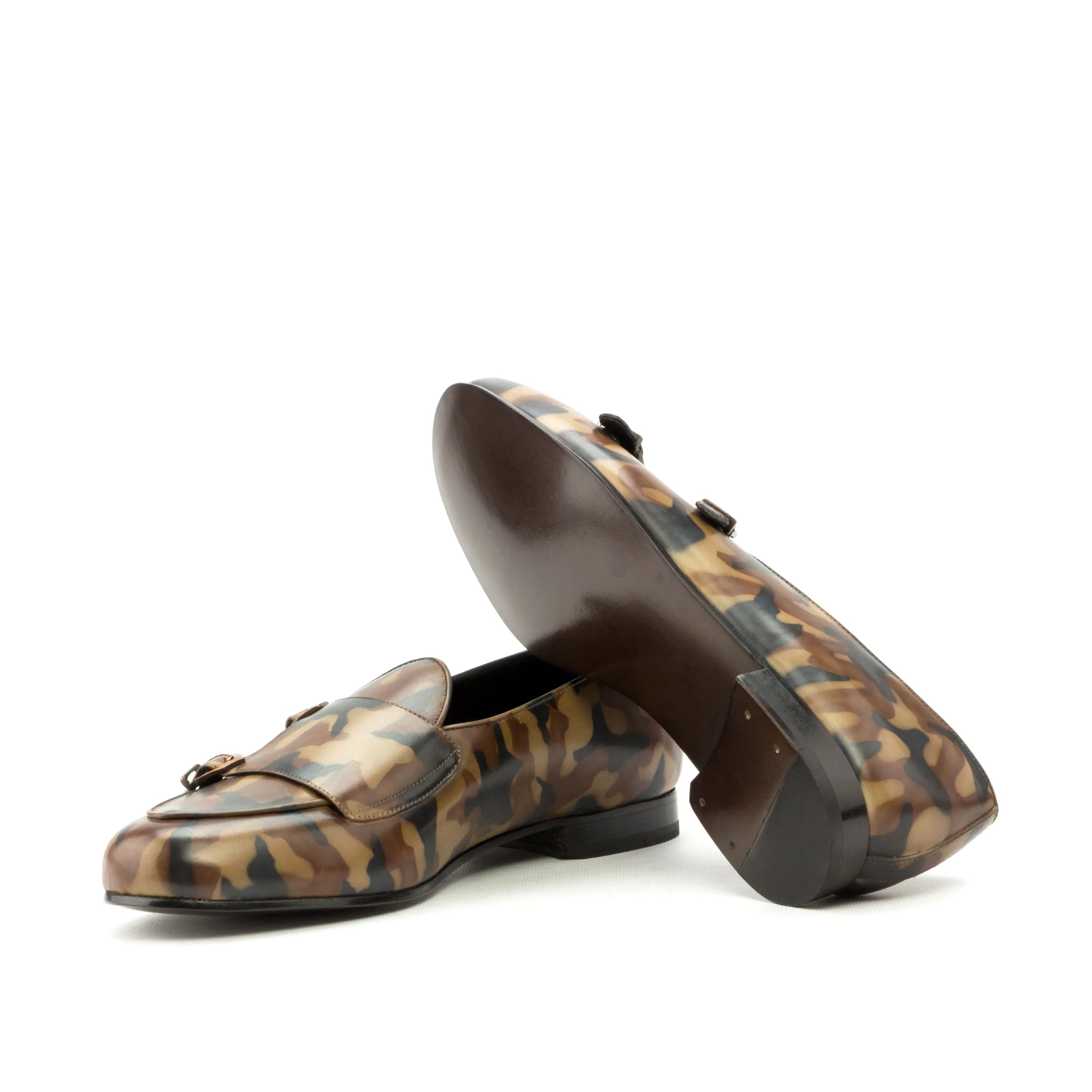 Pelagios Belgian Patina Monk Slipper II in camouflage leather loafers