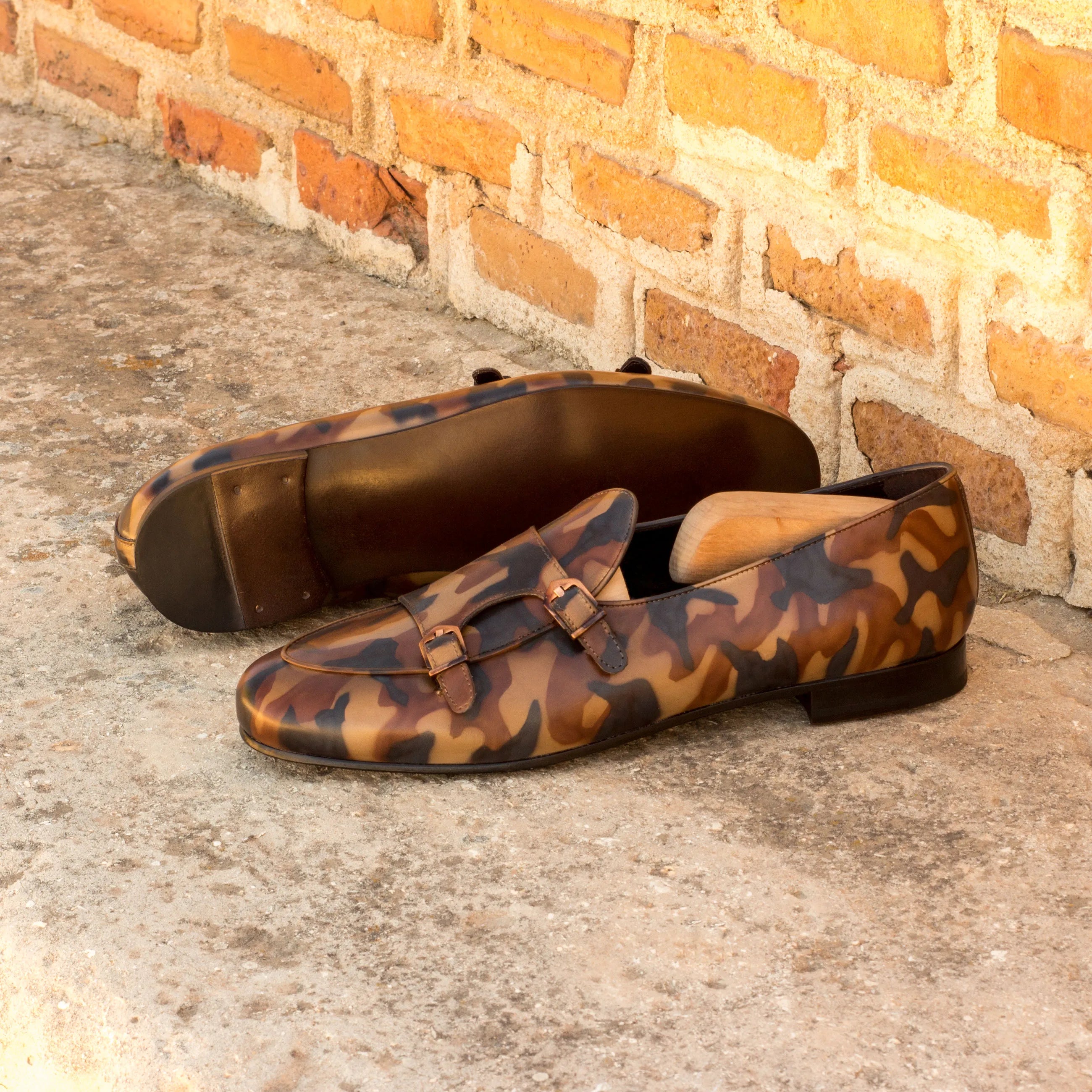 Pelagios Belgian Patina Monk Slipper II camouflage leather monk strap loafers