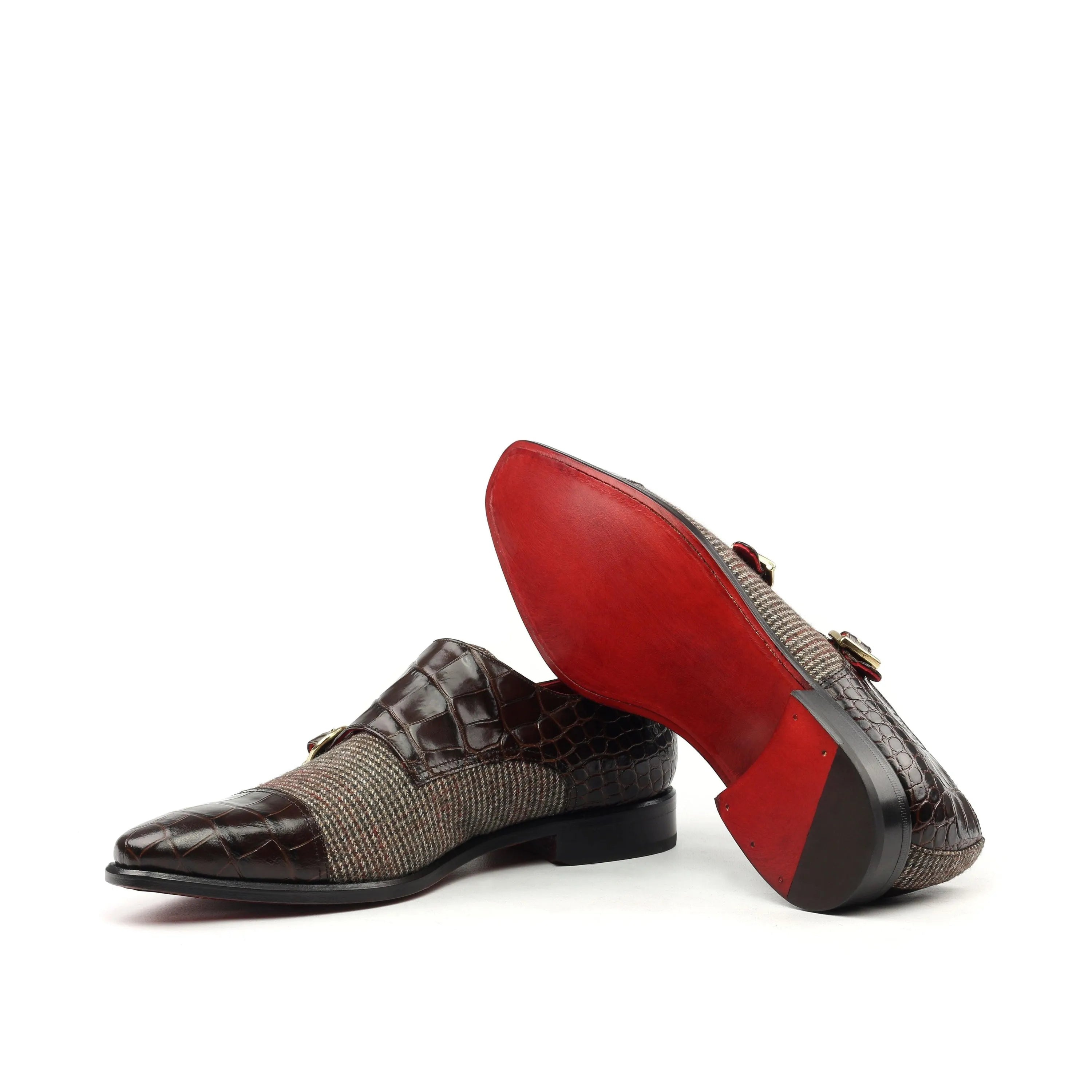 Peter double monk croco shoes in brown leather and tweed