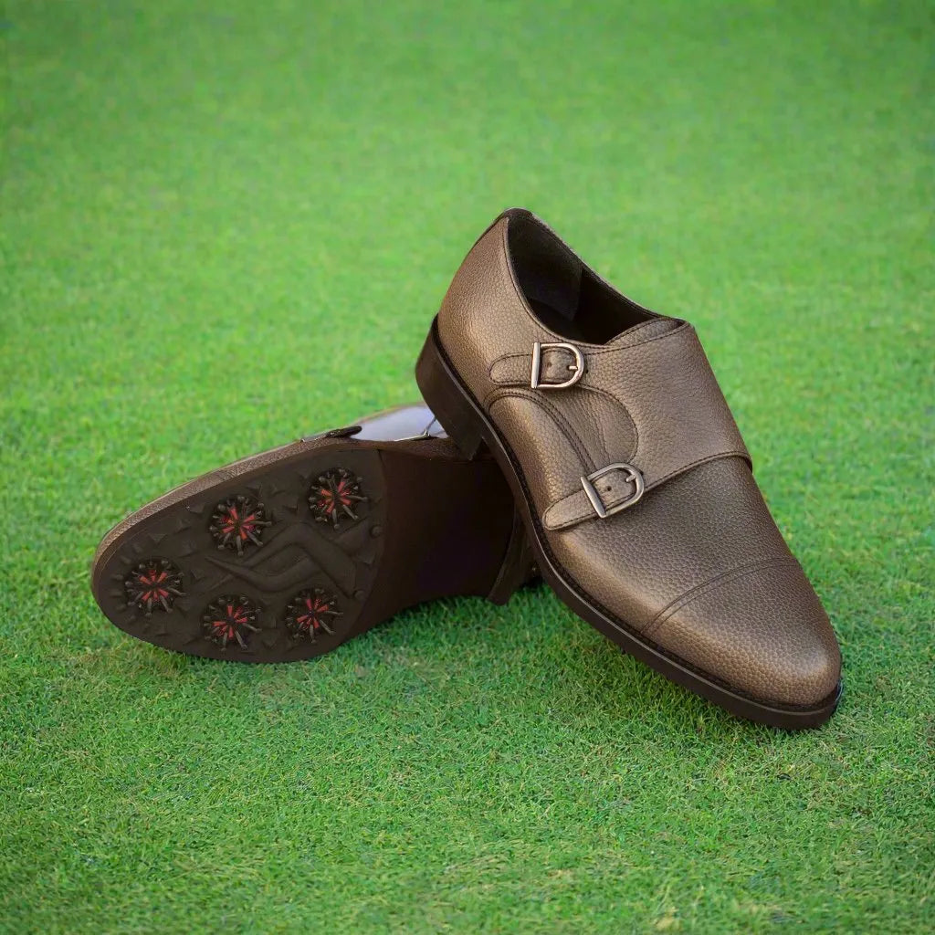Puck golf shoes: leather oxford golf shoes with double monk straps