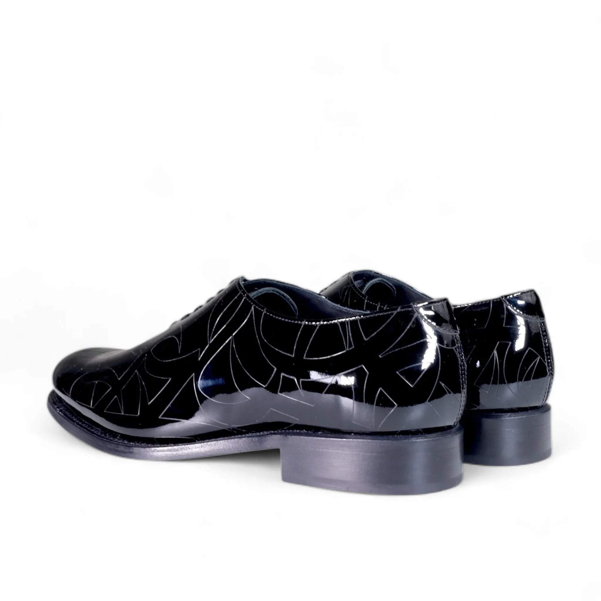 Quswa noir premium Italian black patterned patent leather wholecut dress shoes