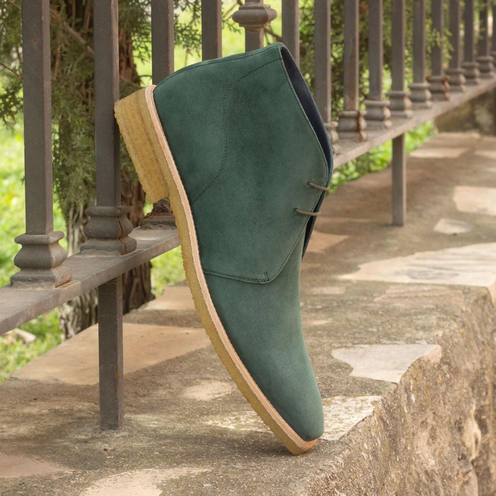 Rapa Chukka Boots in forest kid suede with tan sole, unique height