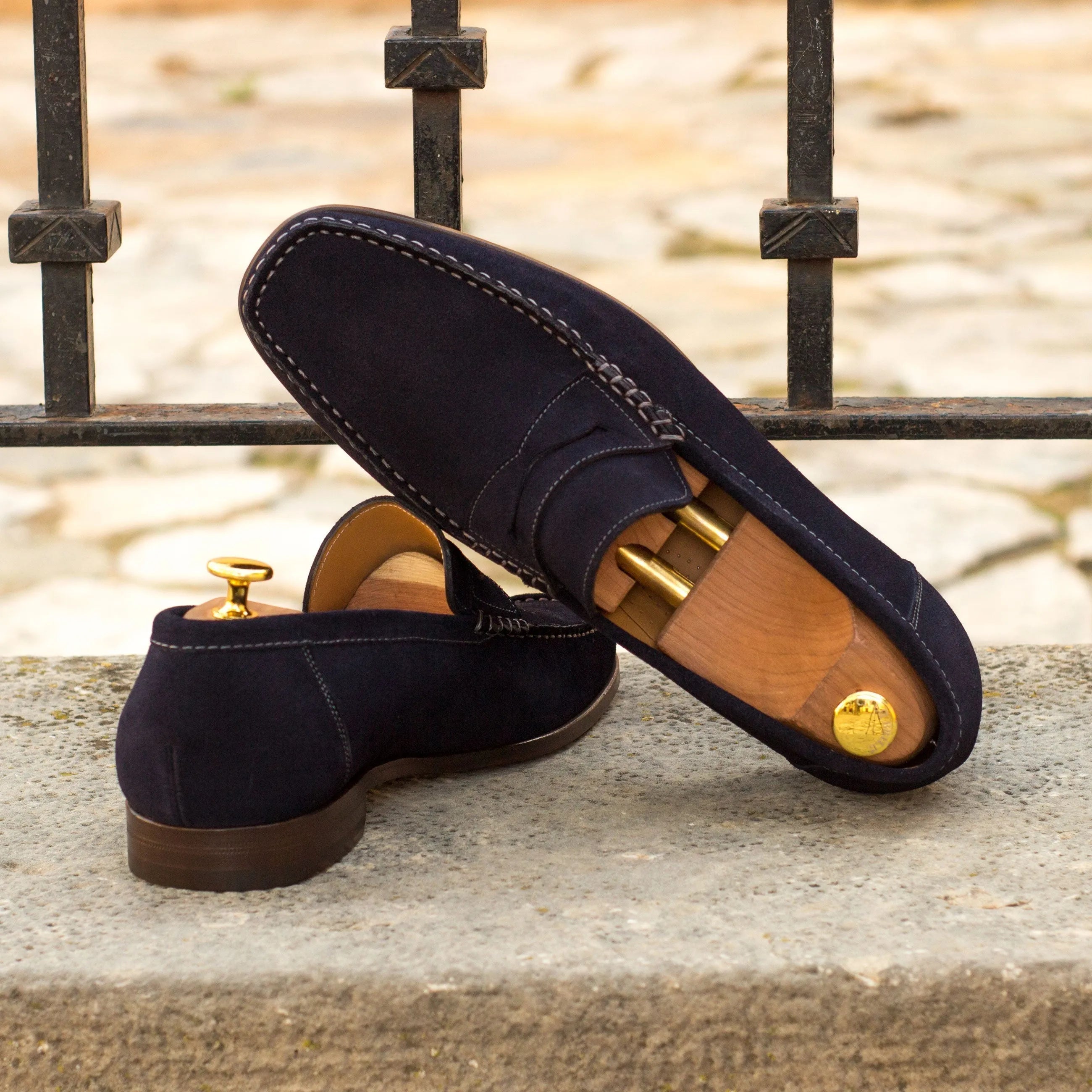 Reverie Moccasin II navy suede penny loafers with shoe trees
