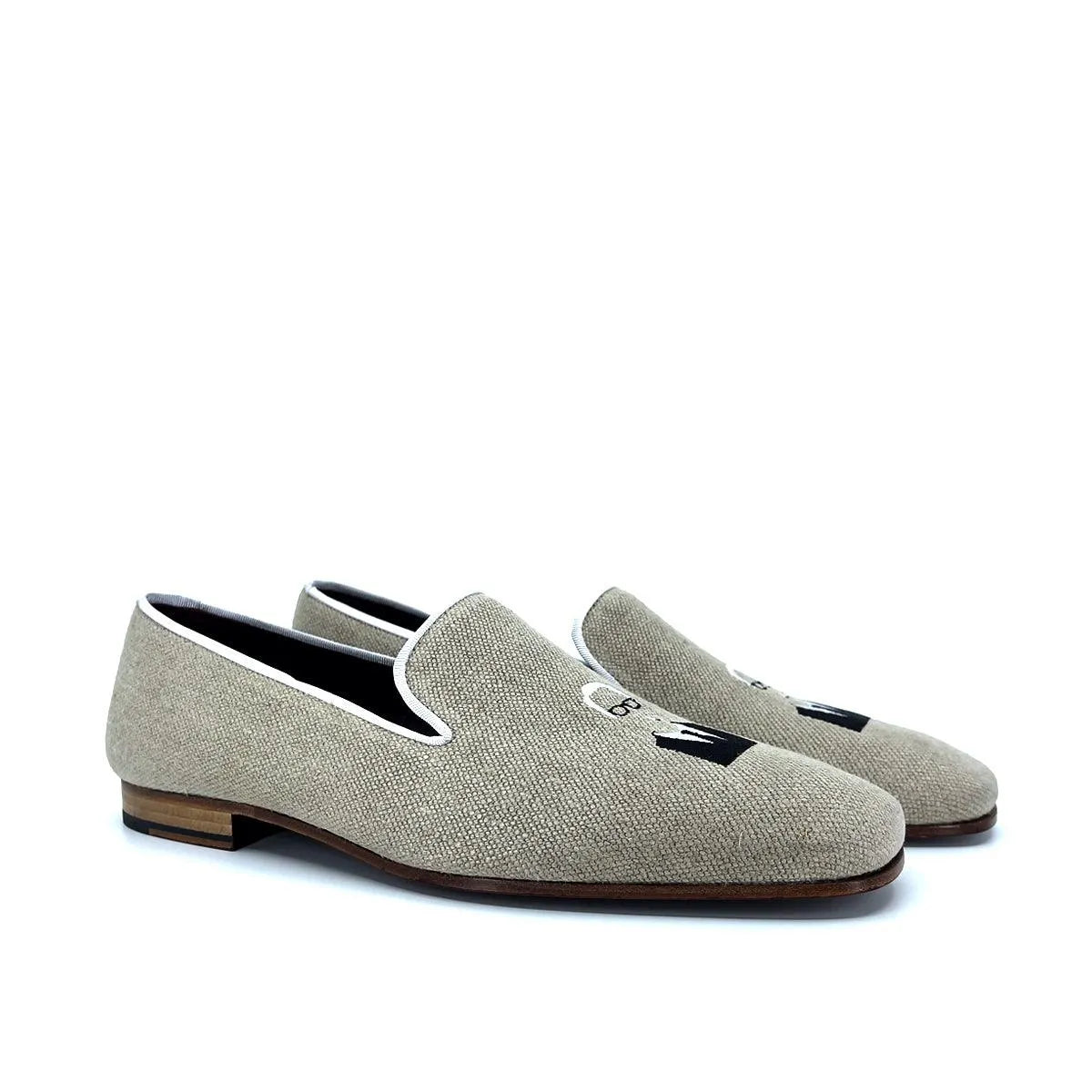 Pair of embroidered linen Roger Drake slipon loafers