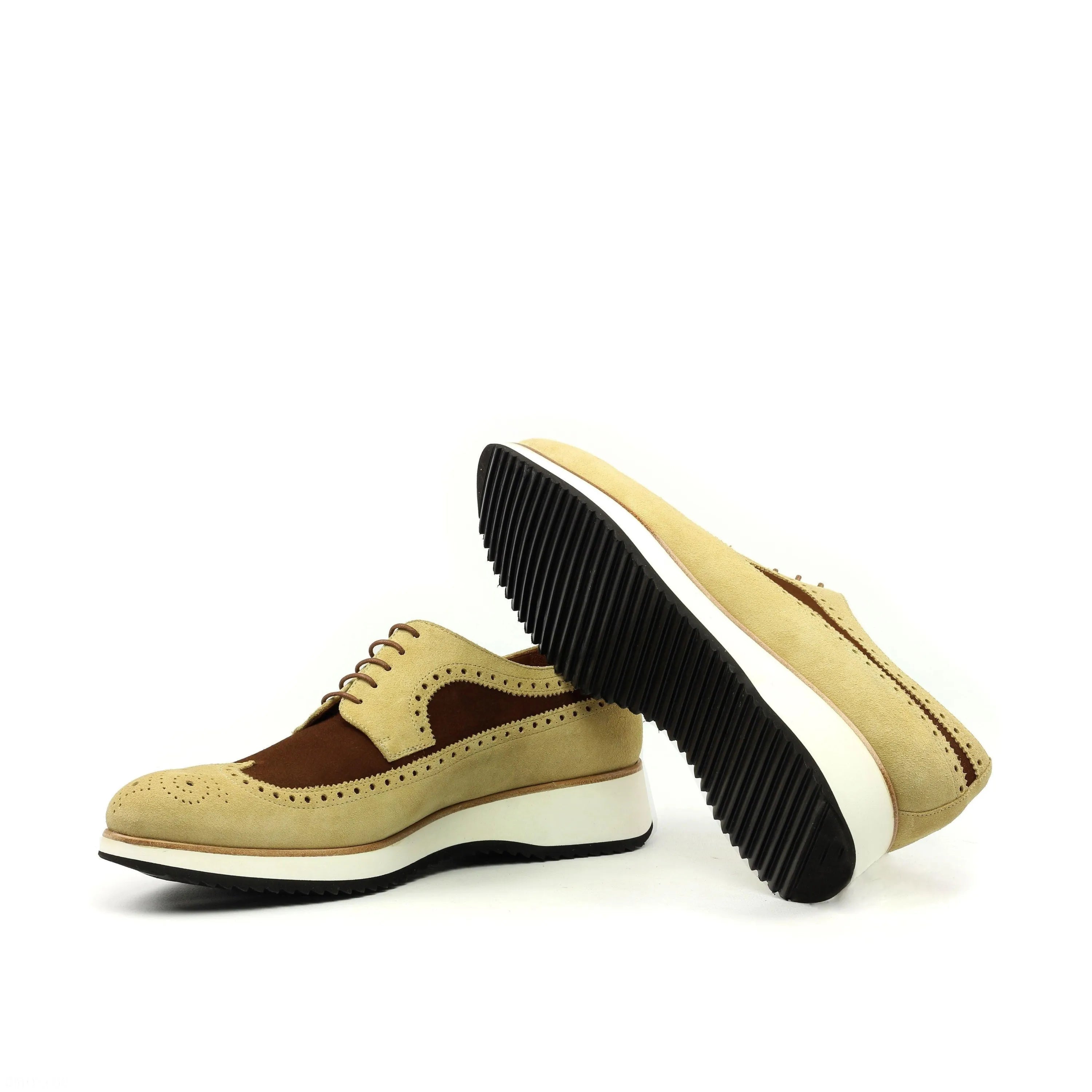 Tan lux suede Rudi Longwing Blucher II two-tone leather long wingtip blucher shoes