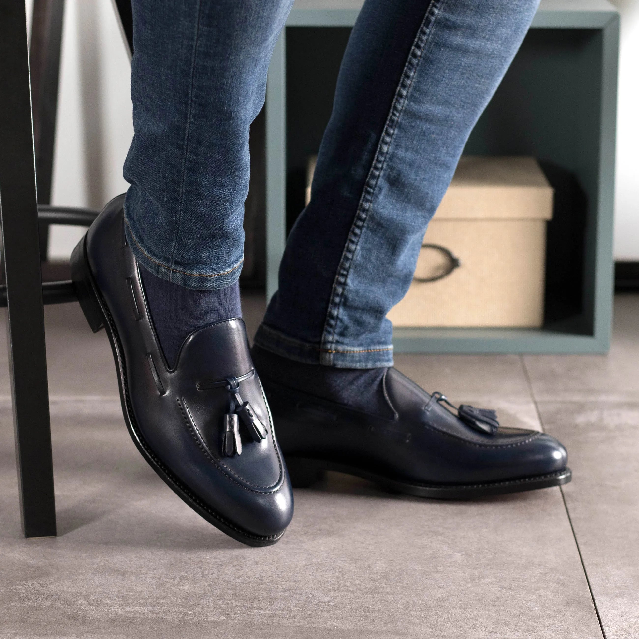 Blue leather tassel Sable loafers, back view, ships fast lane in 2-3 business days