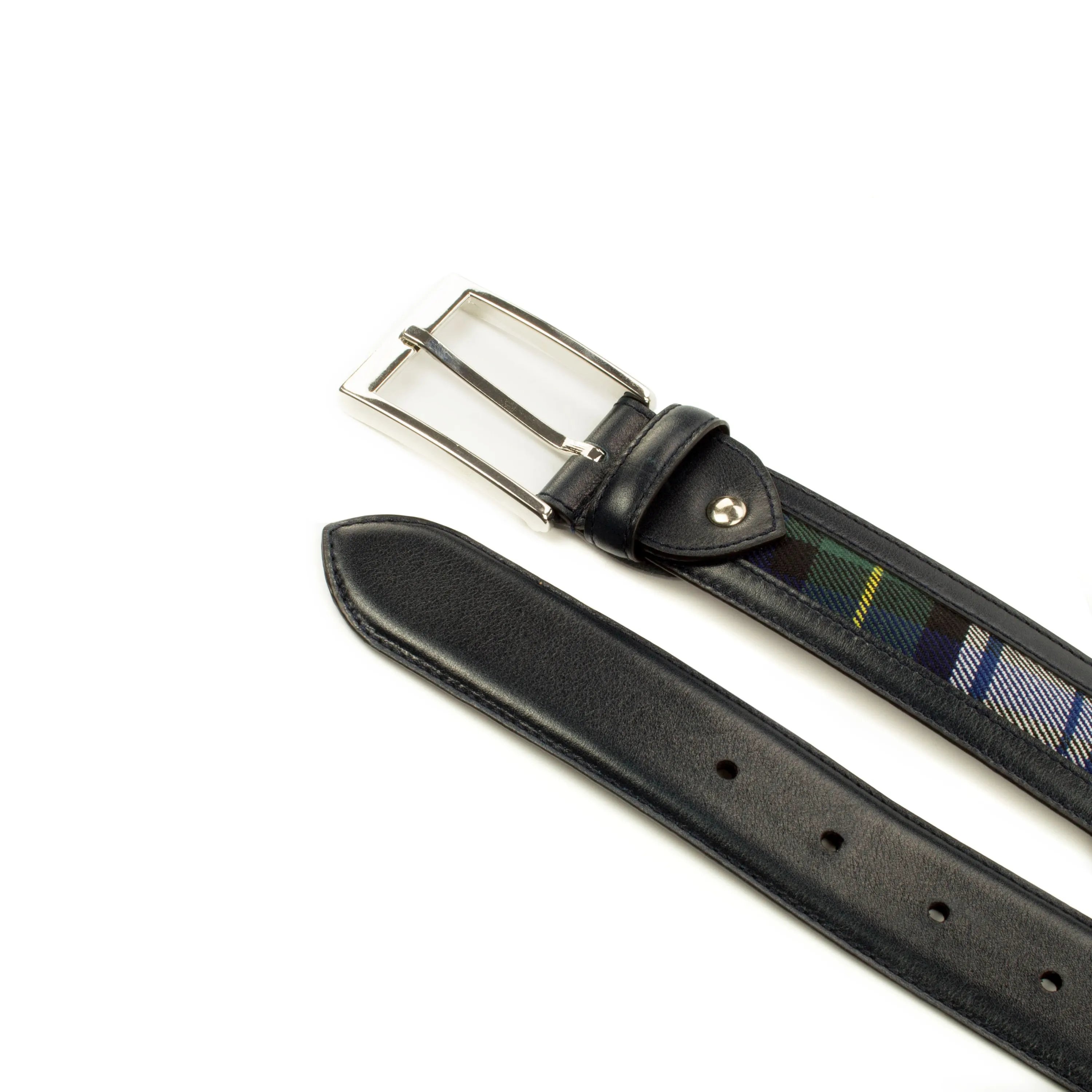 Sahnish Venice belt in black leather and plaid design