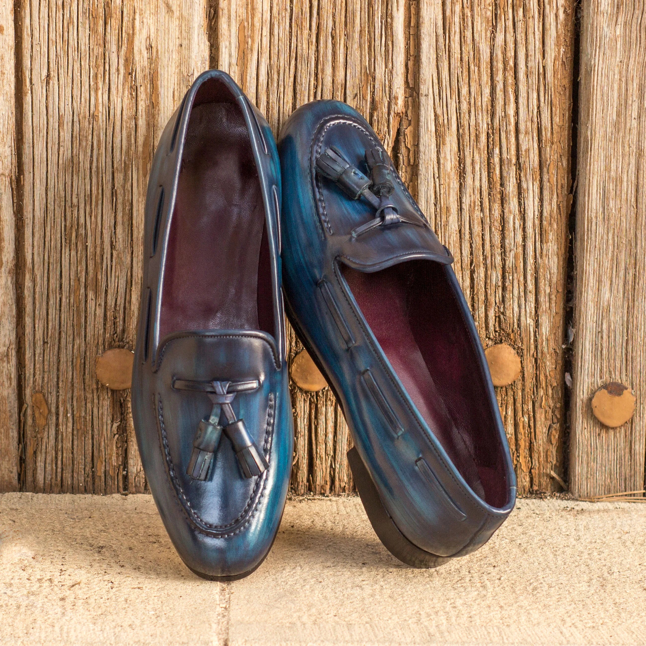 San Jose Rose patina ladies slip-on blue leather tassel loafers