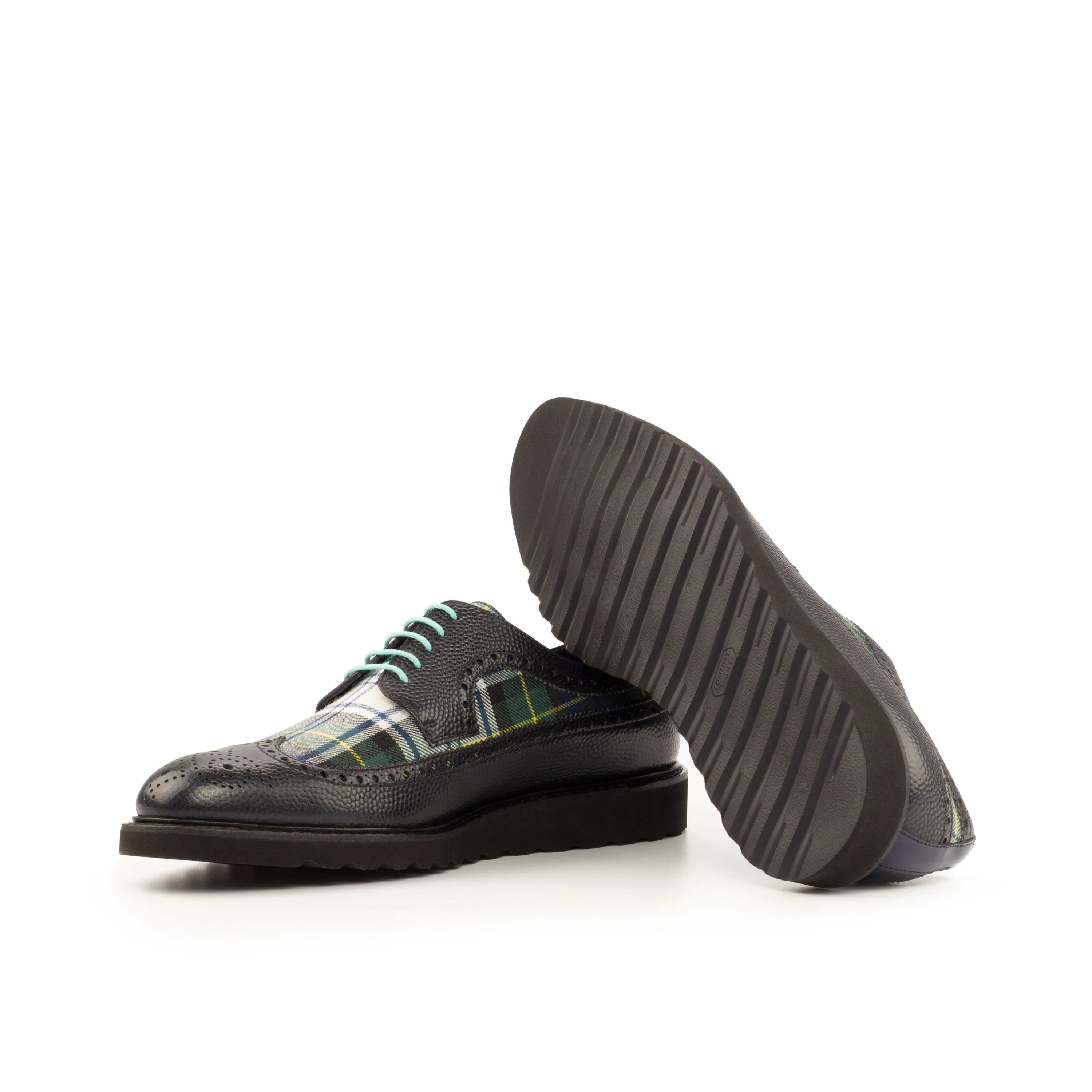 Seleucid longwing blucher with black leather and plaid wingtip design