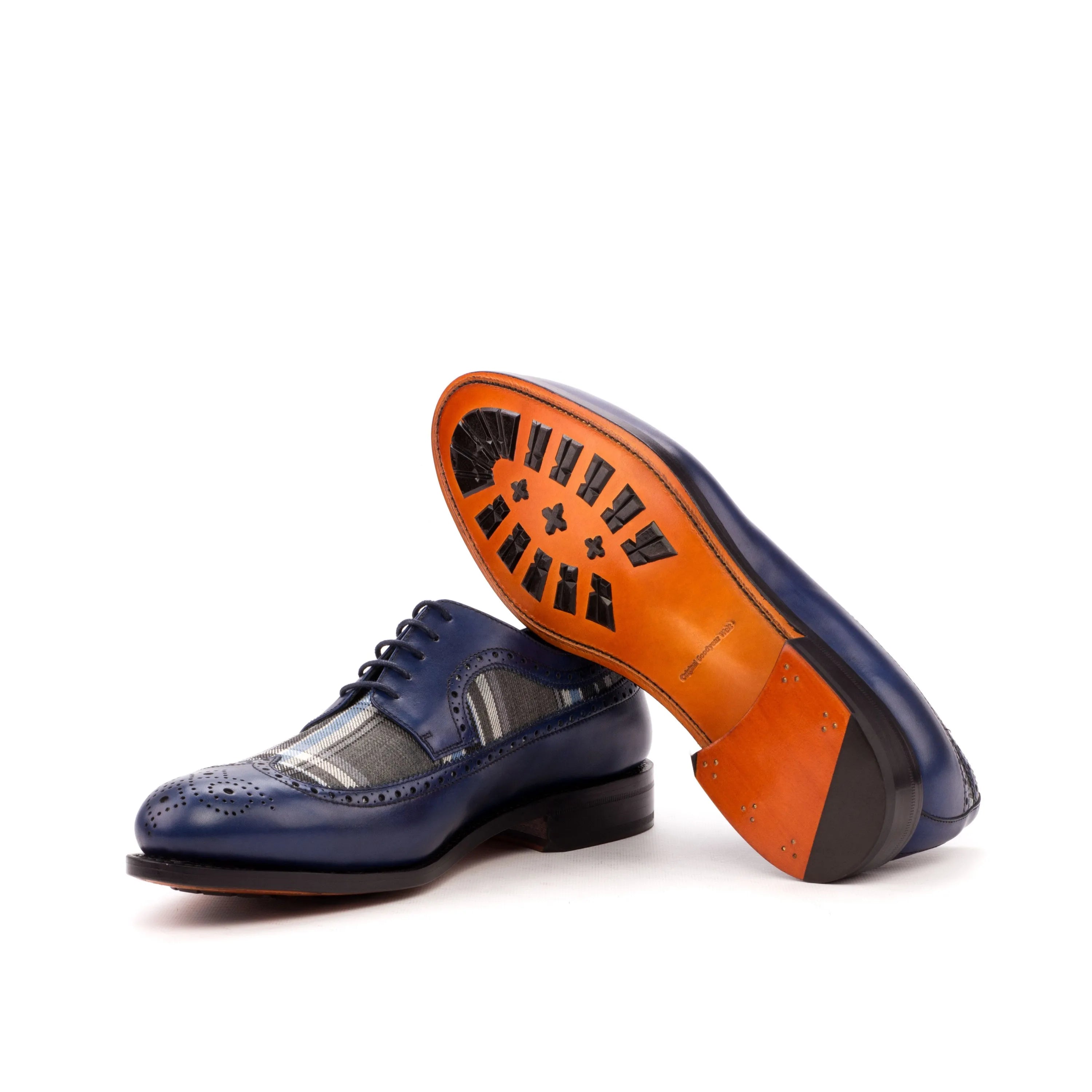 Seneca Longwing Blucher blue leather dress shoes with orange soles