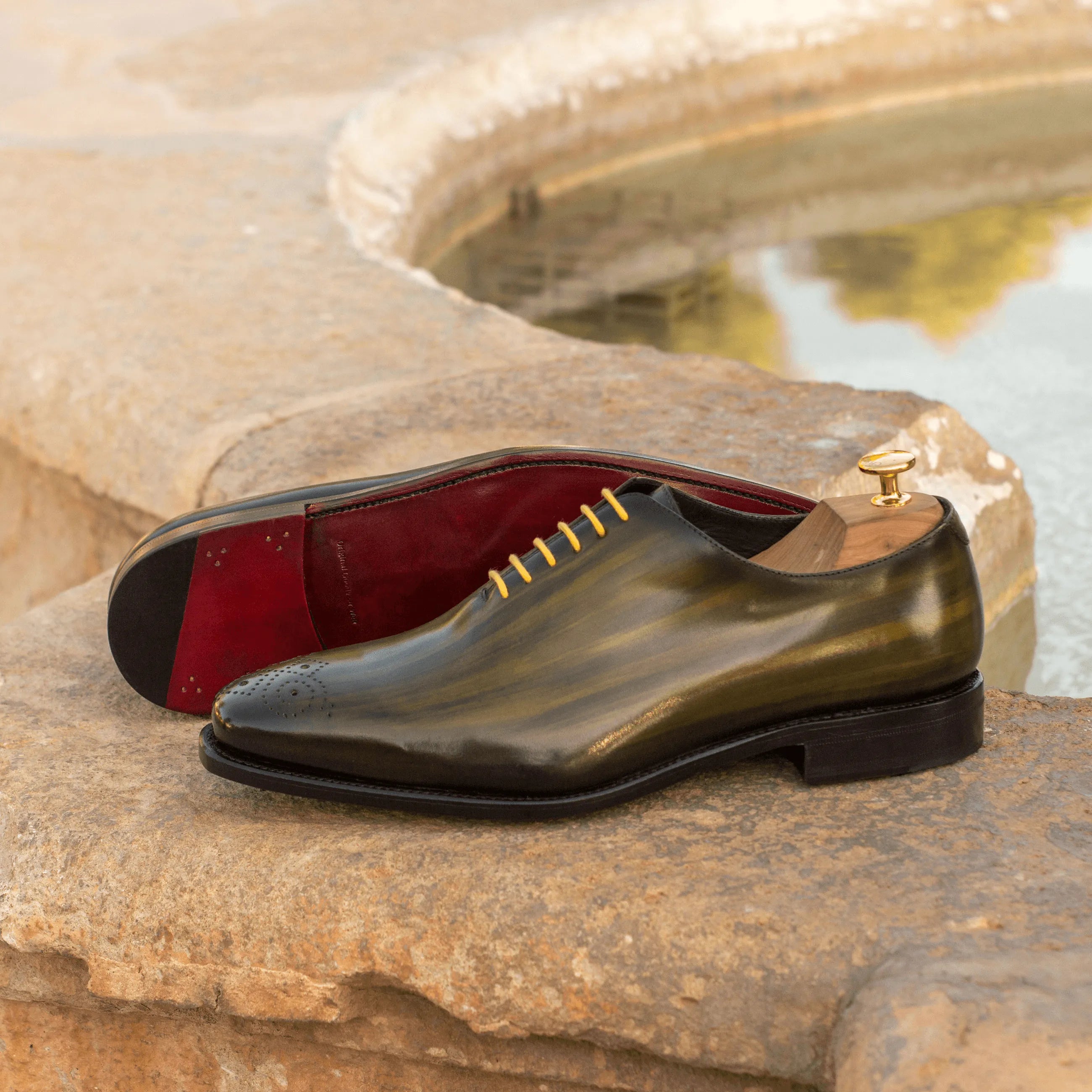 Serb Whole Cut Patina II olive green leather luxury bespoke shoes for men
